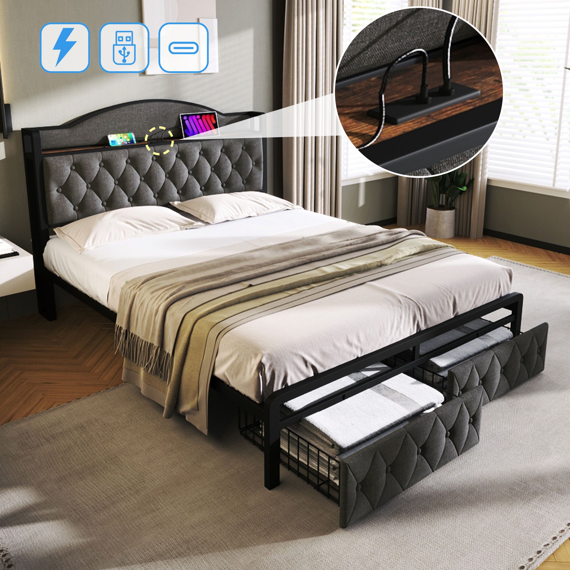 Letto contenitore 180 x 200 cm con testiera e ripiani portaoggetti - Prese USB e Type-C - MDF e metallo - Nero e marrone (Senza materasso) | Leroy Merlin Letto contenitore 180 x 200 cm con testiera e ripiani portaoggetti - Prese USB e Type-C - MDF e metallo - Nero e marrone (Senza materasso) | Leroy Merlin