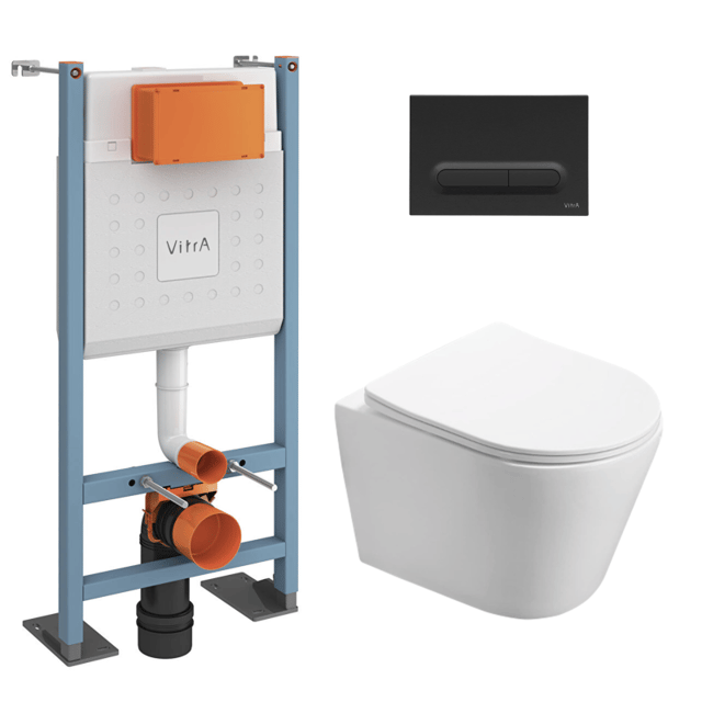 Vitra Pack WC Bâti-support autoportant V-Fix Core + WC SAT sans bride et fixations invisibles + Plaque noir mat (VFTFINFI6)