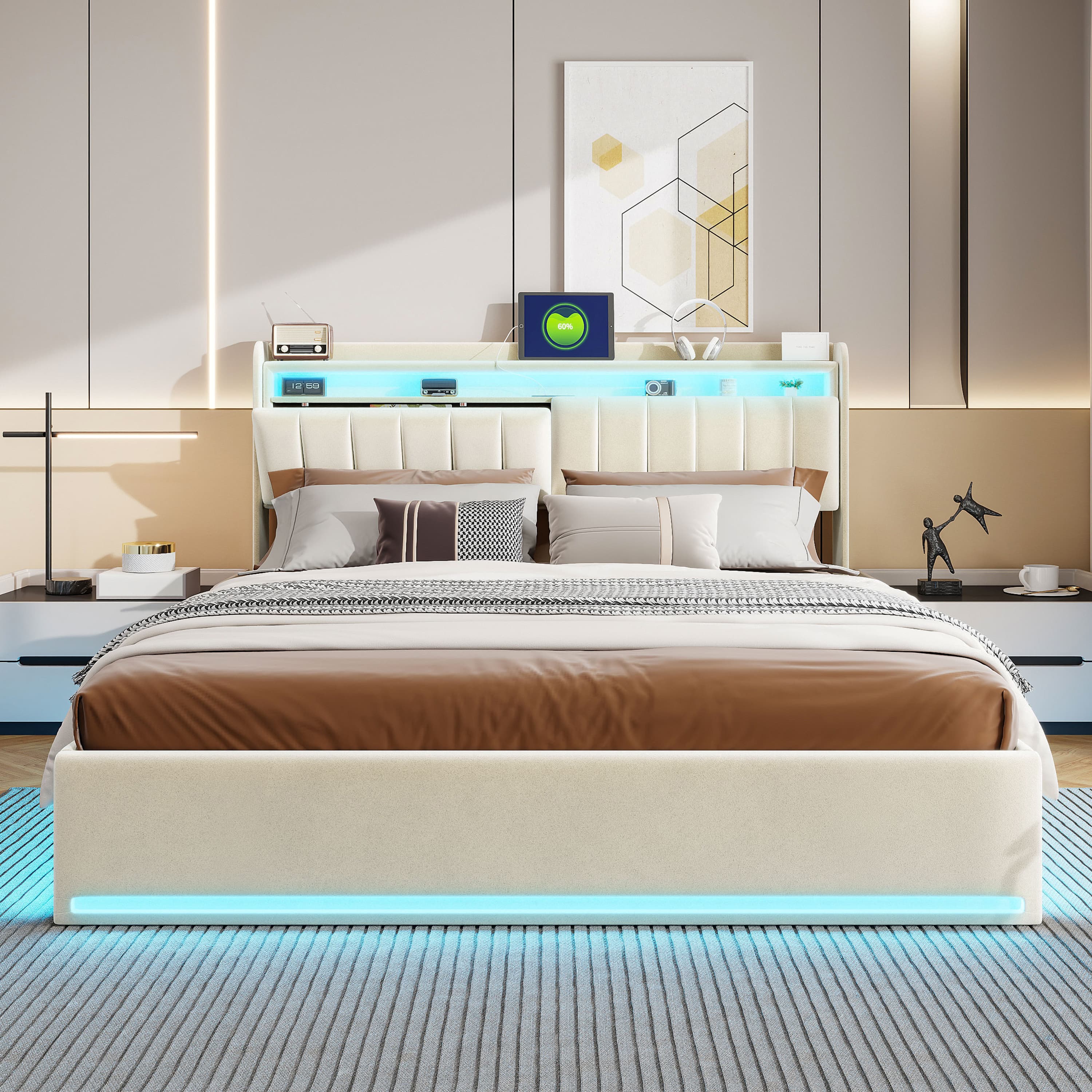 Lit coffre 160x200cm avec LED et ports USB, lit double avec espace de rangement et tête de lit, cadre de lit rembourré à lattes, velours, beige - 3