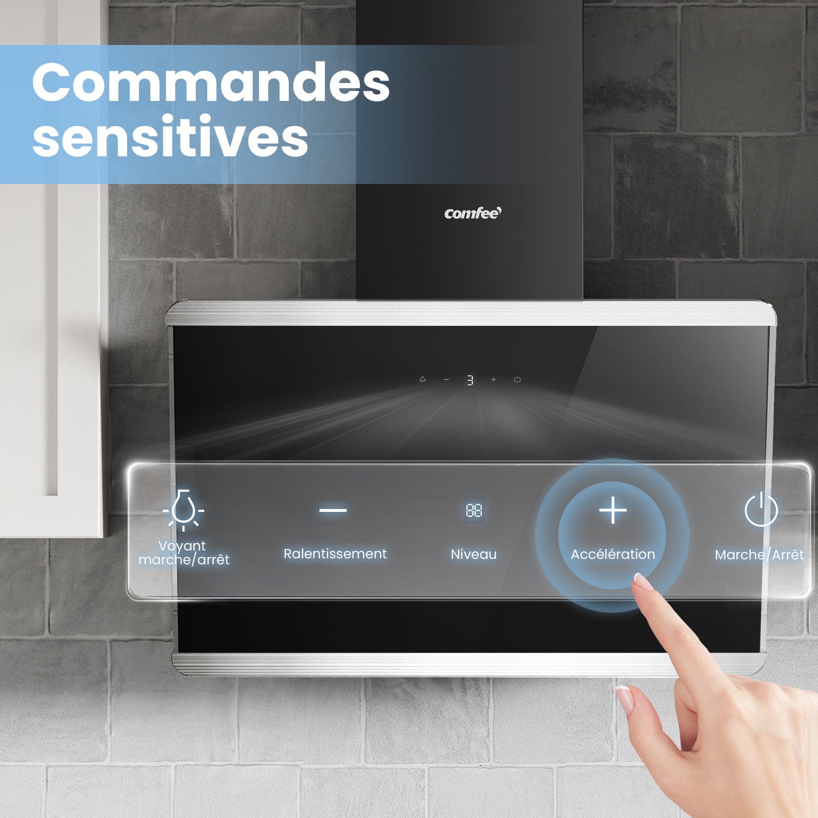 COMFEE Hotte Aspirante Inclinée 60cm 480m³/h Classe A++, Commandes Sensitives, BLDC Moteur, 3 Vitesses, 2 Filtres à Charbon, Verre Noir - 4
