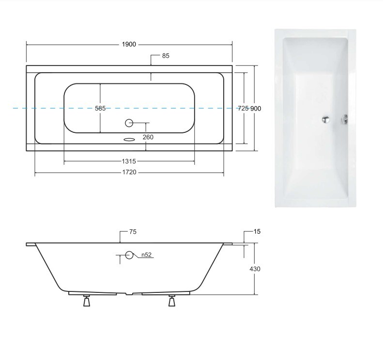 Baignoire rectangulaire à encastrer de 190 x 90 cm - BLANC - avec Repose Tête OFFERT - QUADRO SLIM - 4
