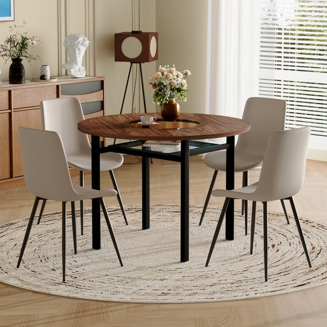 Table ronde minimaliste, rangement intégré, 4 fauteuils PU gris chaud ...