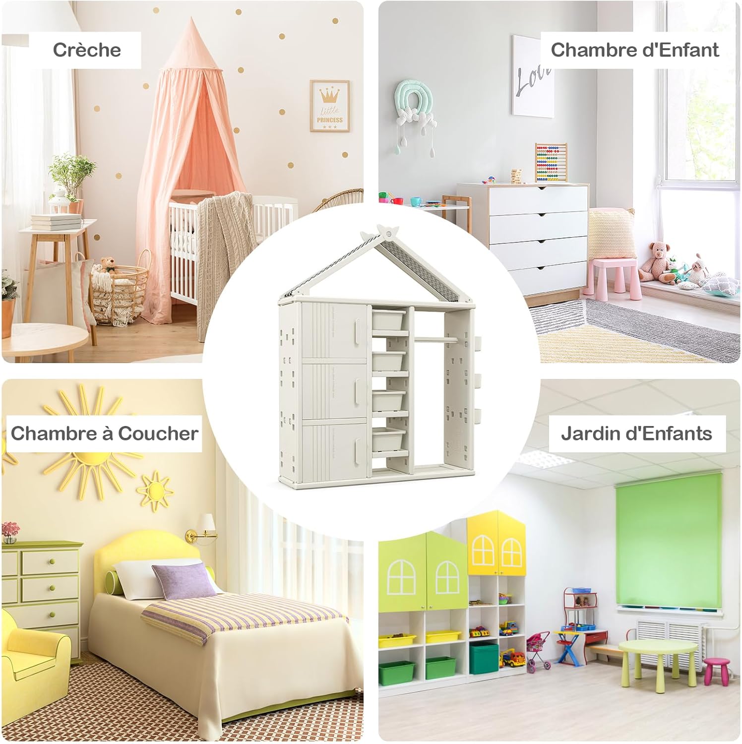 Armoire à Vêtements Enfant, Armoire de Rangement en Forme de Maison, avec Barre de Suspension, 3 Paniers Réglables en Hauteur (Blanc) - 6