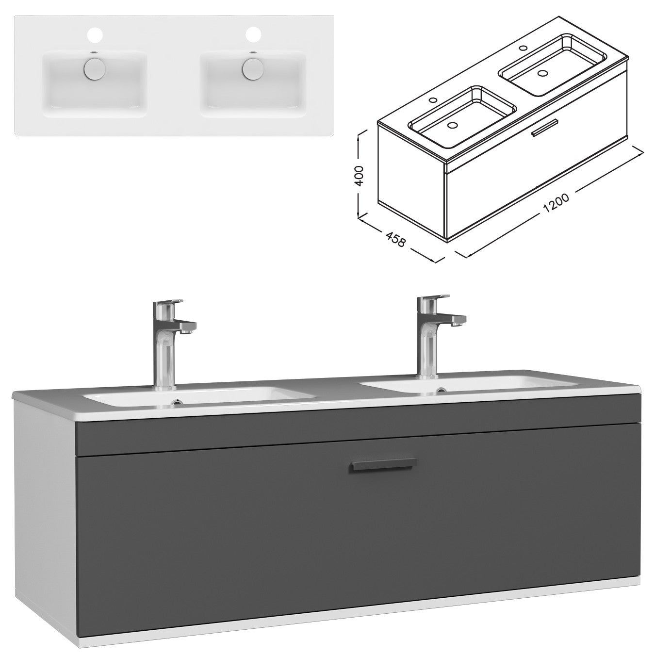 RUBITE meuble double vasque encastrée L. 120 cm 1 tiroir gris anthracite salle de bain - 3