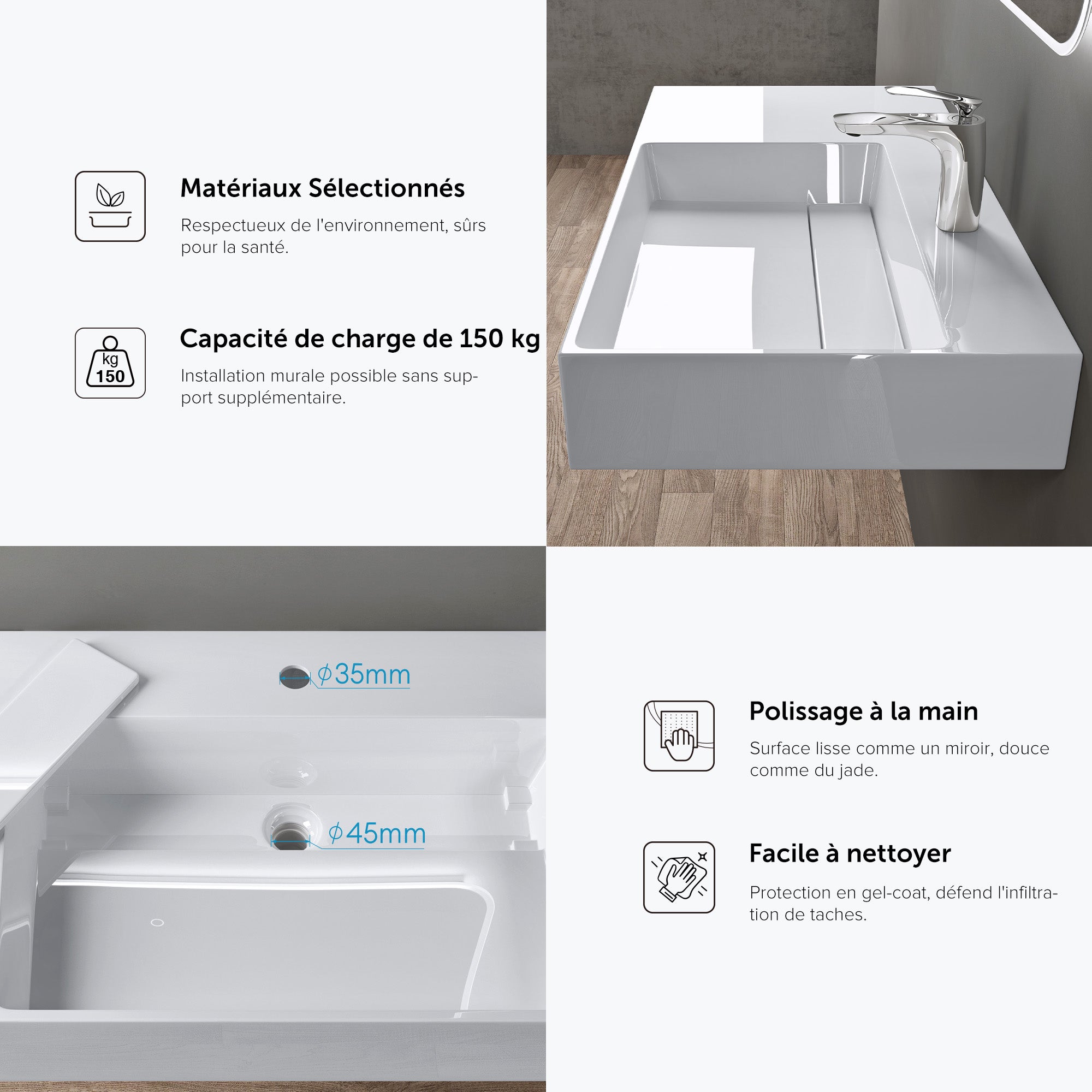 doporro Lavabo Suspendu Blanc 75cm Vasque à Poser Lave Mains Rectangulaire de Qualité pour Salle de Bain 75x43x14cm Colossum12-R - 6