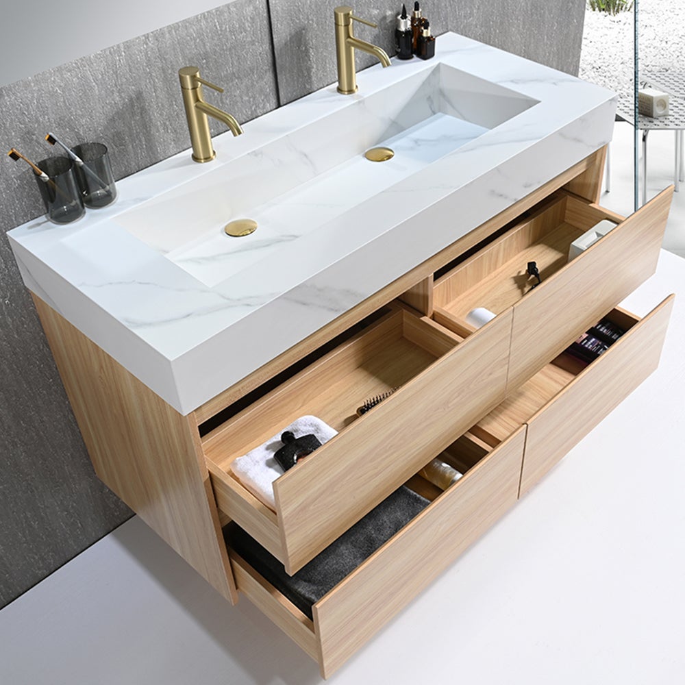 Meuble salle de bain double vasque 120cm bois naturel et effet marbre blanc avec miroir LED LB-8476C-120 - 4