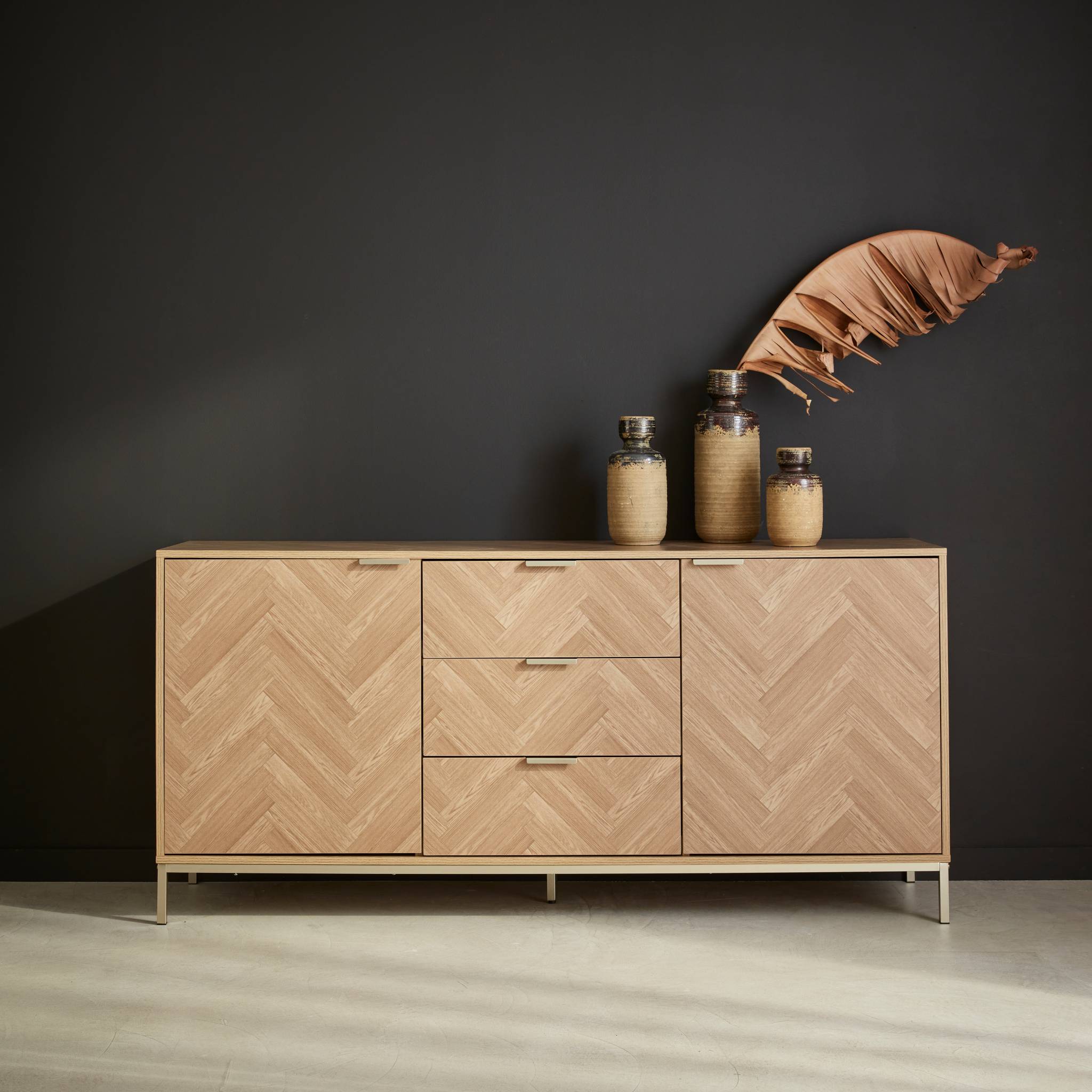 Credenza effetto spina di pesce a 2 ante, 160cm, Marrone naturale - 2