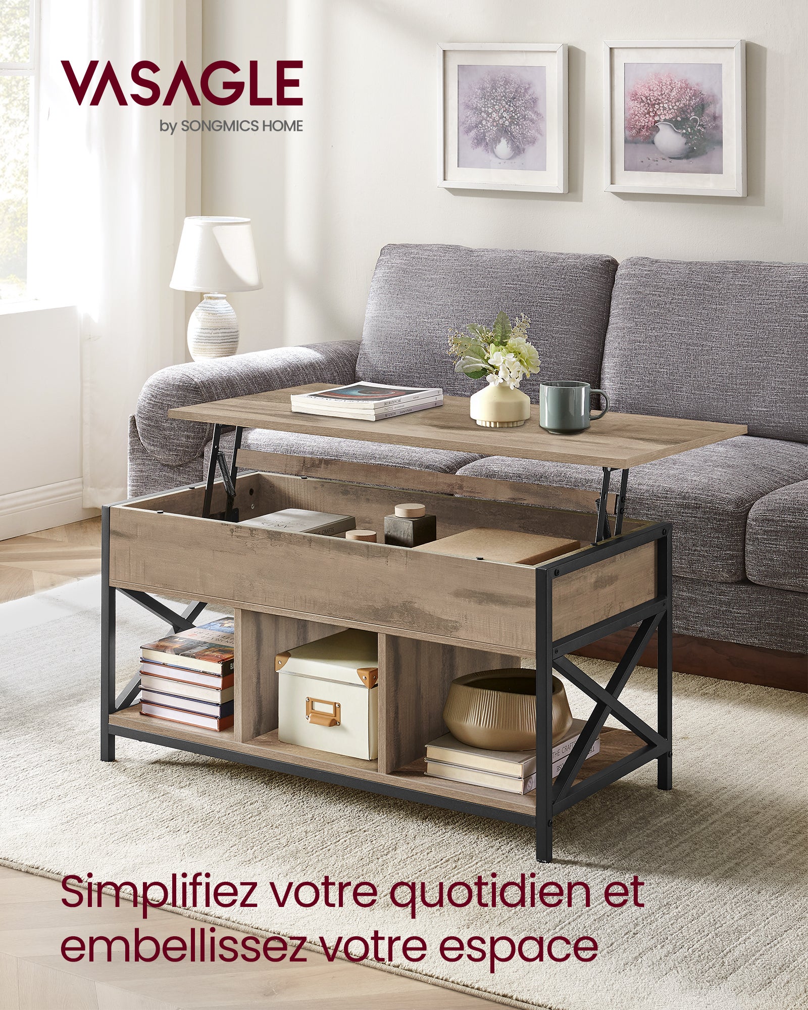 Table Basse, Relevable, Table Basse avec Rangement Caché et Compartiments Ouverts, Cadre en Acier, 50 x 100 x (46,5-62) cm, Marron Camel et Noir - 2