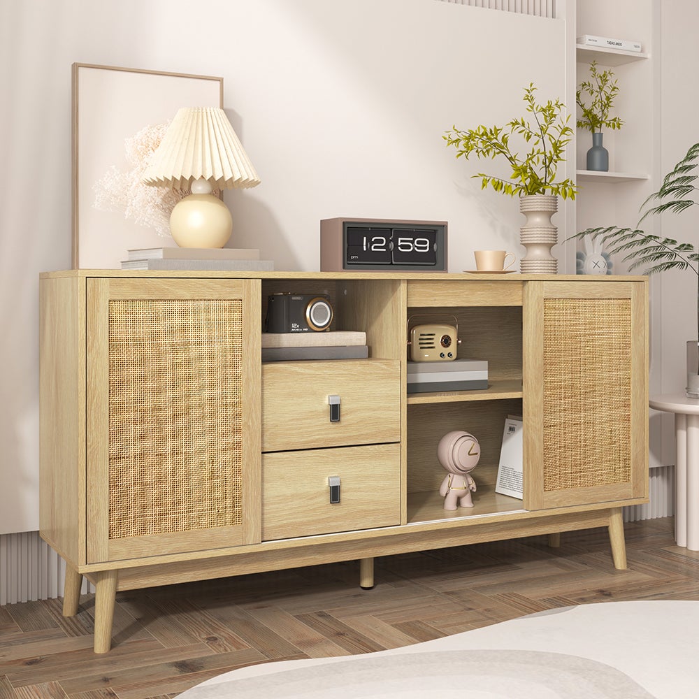 Buffet avec 3 portes coulissantes en rotin véritable et 2 tiroirs - 8