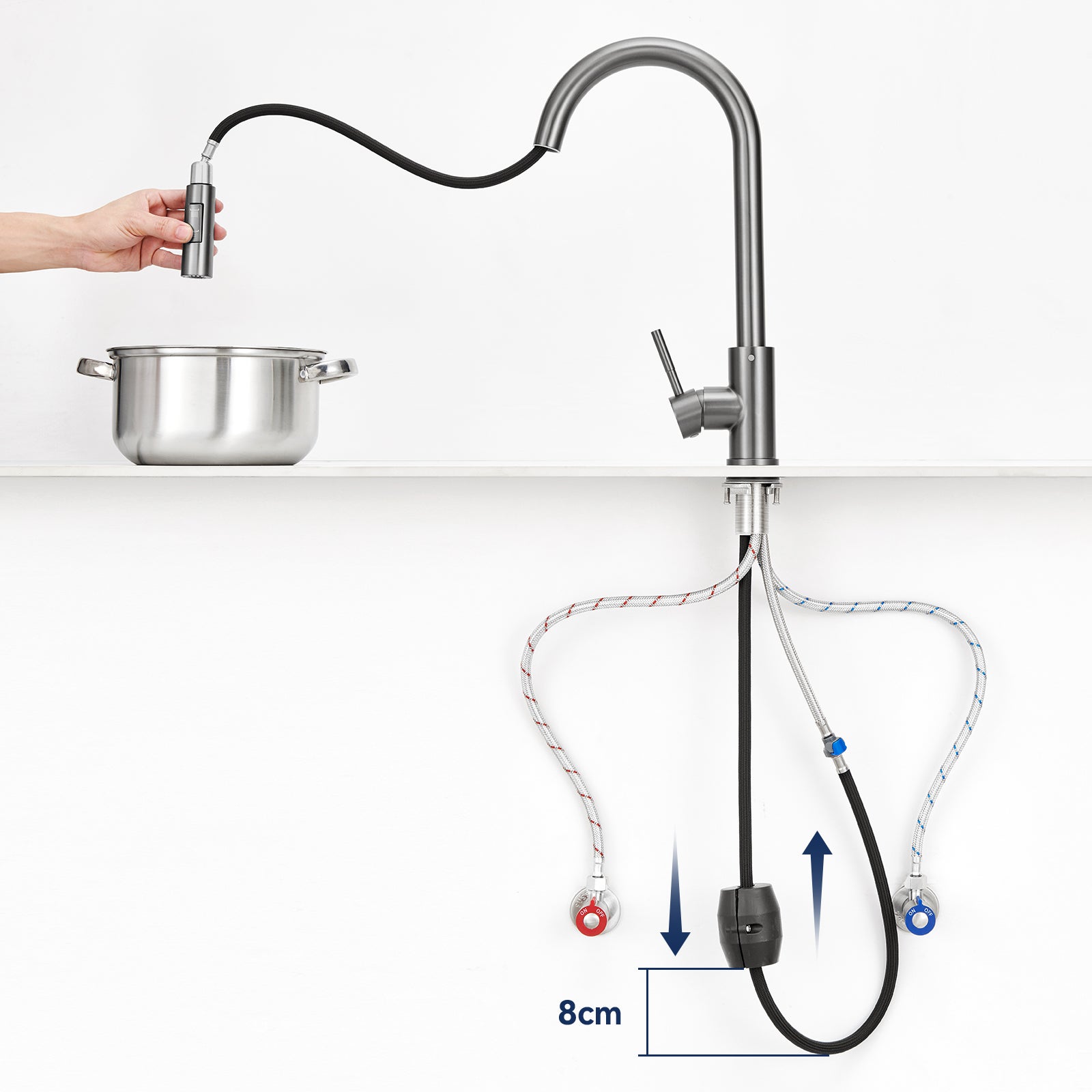 Miscelatore da cucina con doccetta estraibile,Rubinetto per lavello 2 funzioni,Miscelatore da cucina in acciaio inossidabile,Grigio scuro - 8