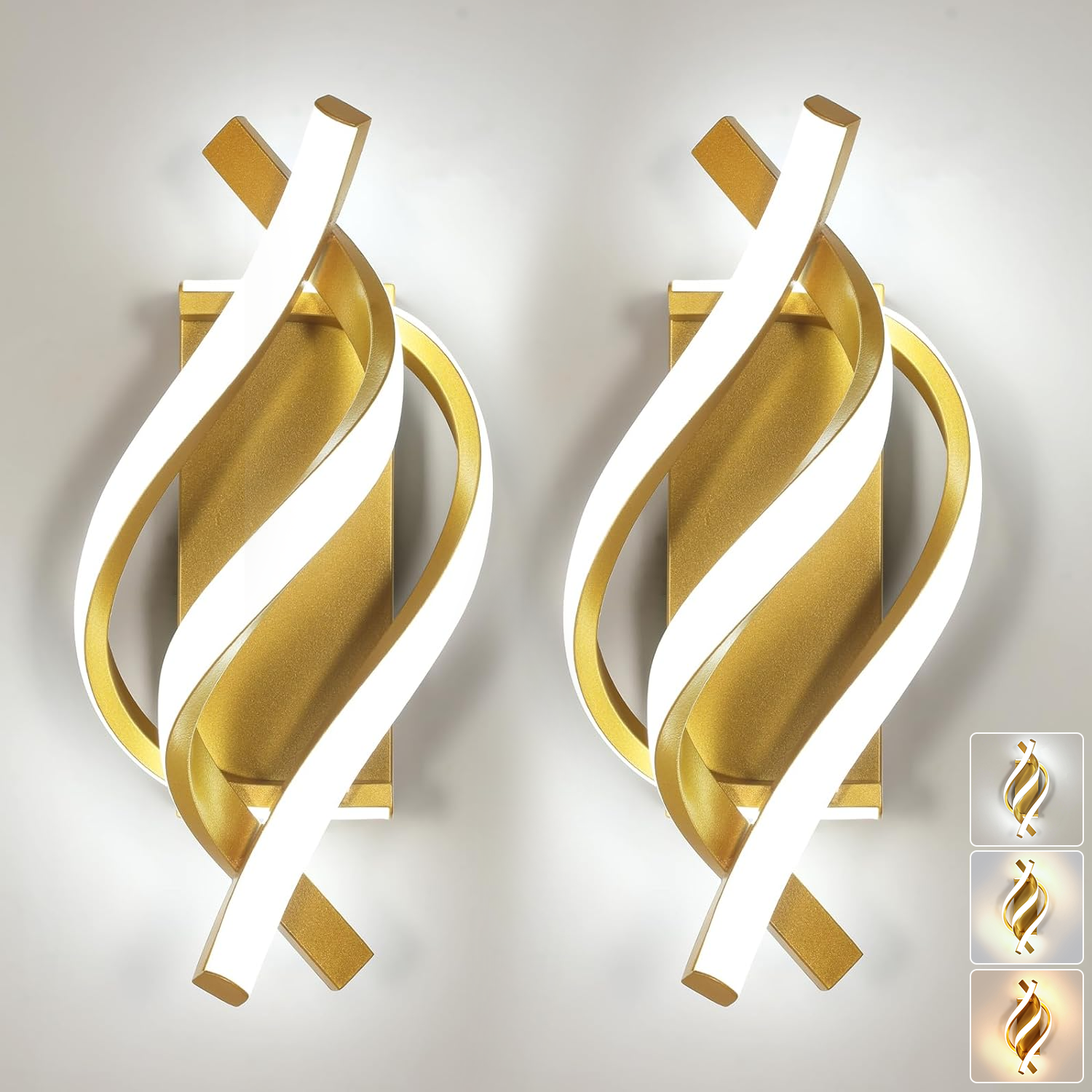 Zestaw 2 kinkietów LED, lampka nocna LED spiralna, wewnętrzny kinkiet aluminiowy, światło do lustra, 3 temperatury barwowe