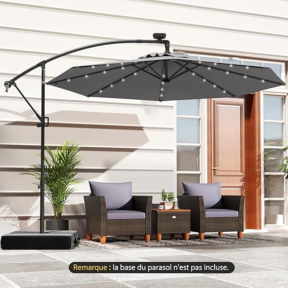 Parasol Déporté 3M avec 32 LED Solaires, Parasol de Jardin 8 Baleines avec Tissu Protection Solaire, Parasol Inclinable Rotatif à 360° (Gris) - 7