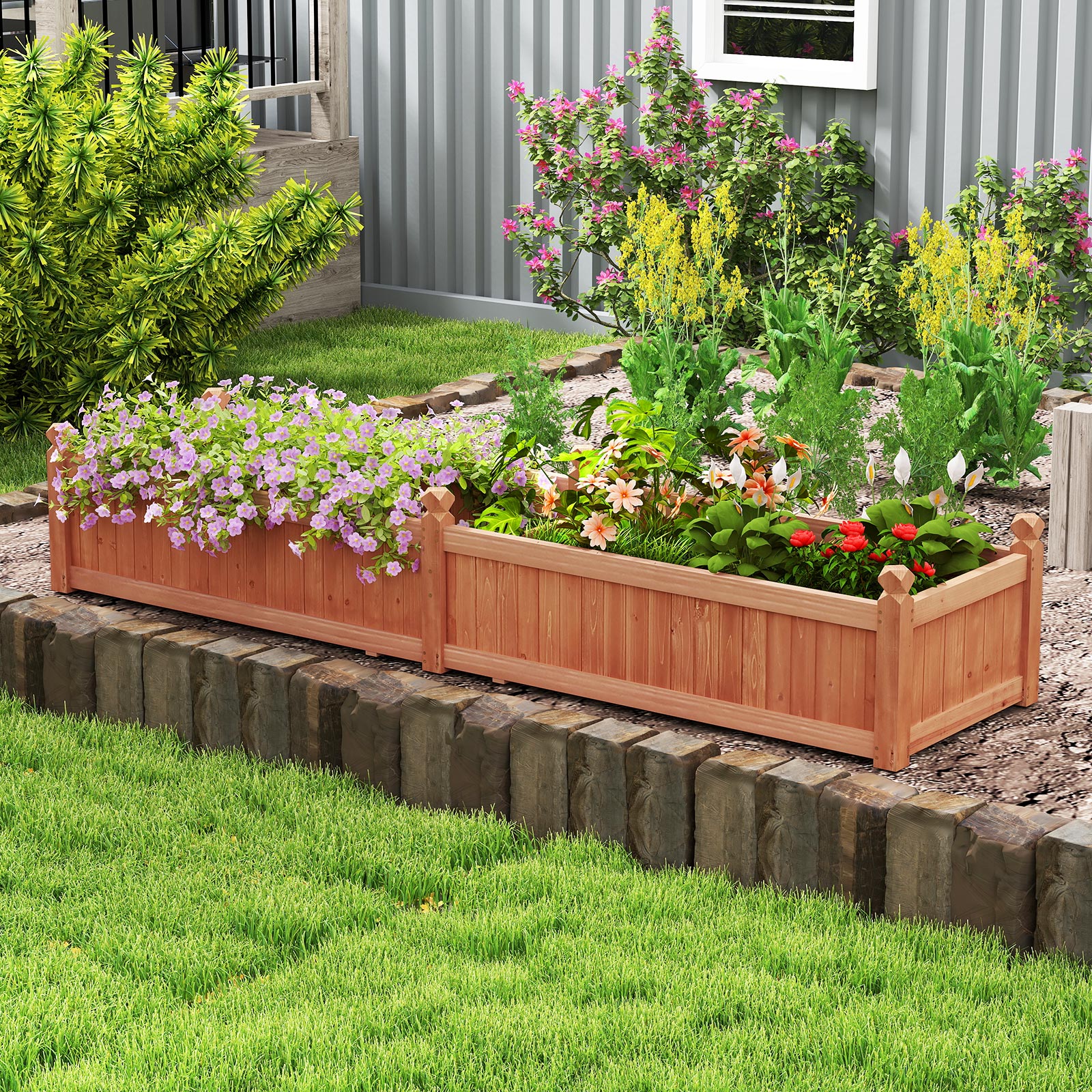 Jardinière Rectangulaire 227 x 59,5 x 40 cm avec Séparateur, Système de Drainage, Doublure, pour Cultiver des Légumes, Fleurs, Marron - 9