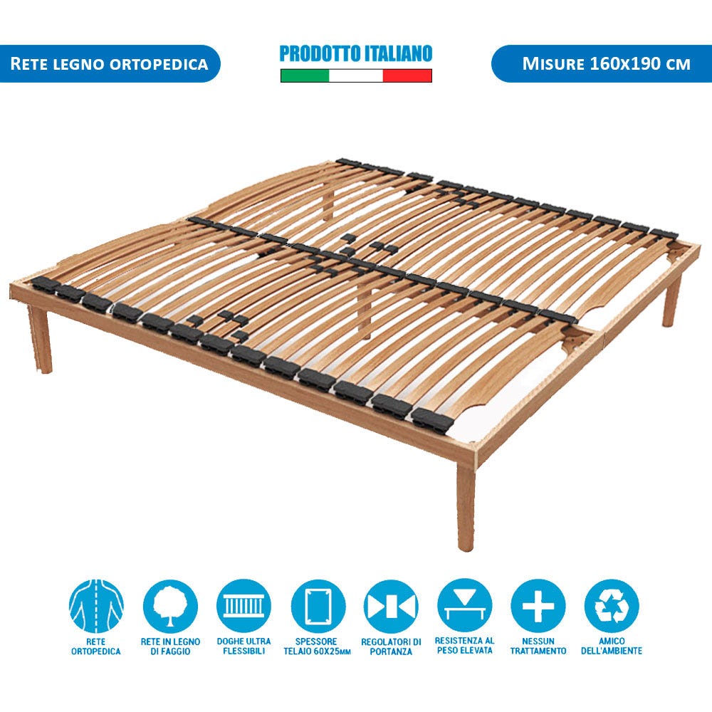 Rete in legno ortopedica per letto matrimoniale due piazze 160x190