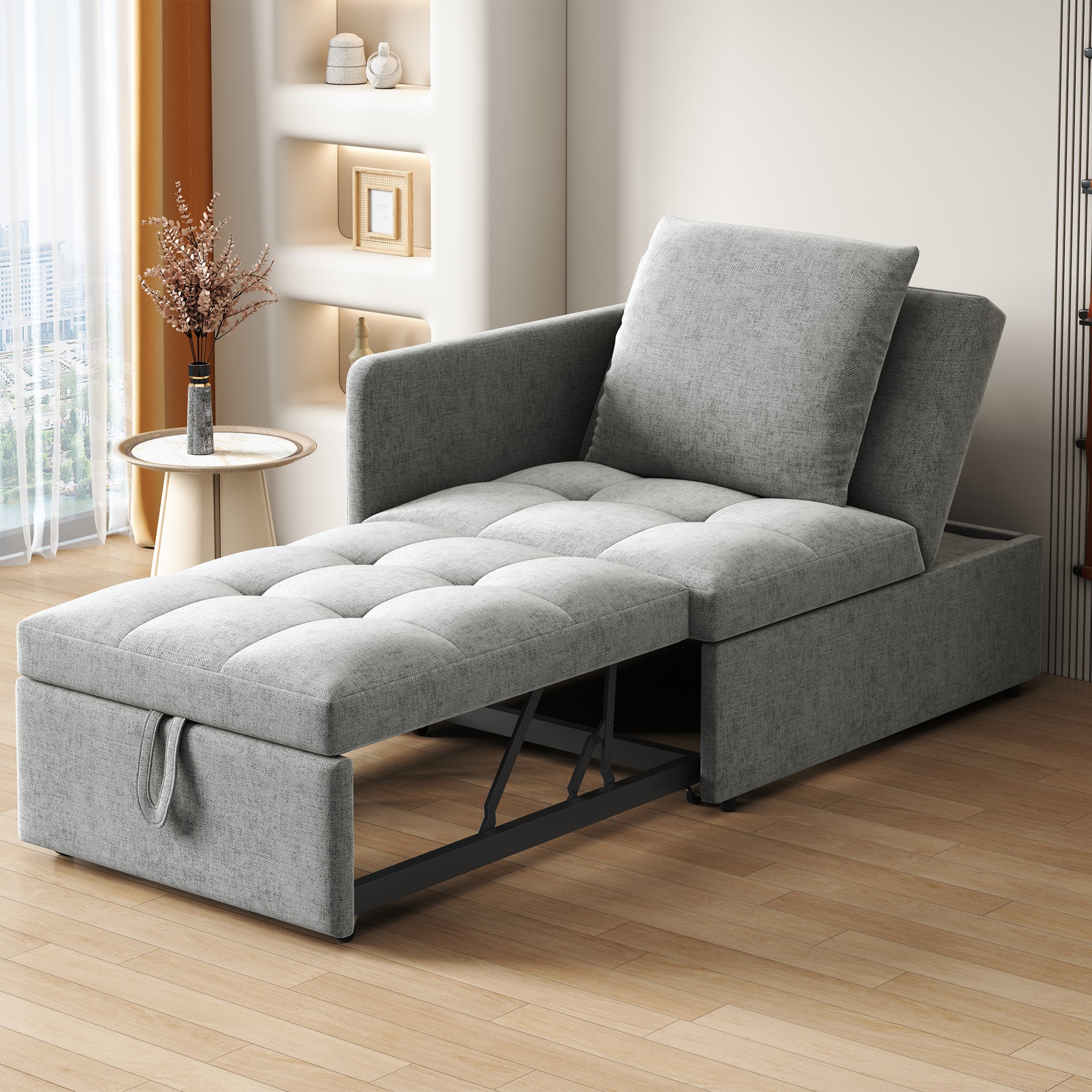 Rozkładana sofa 1-osobowa, 3 w 1, tapicerowana sofa z funkcją spania – 97/177 x 65 x 65 cm – tkanina lniana – regulowane oparcie – szara - 2