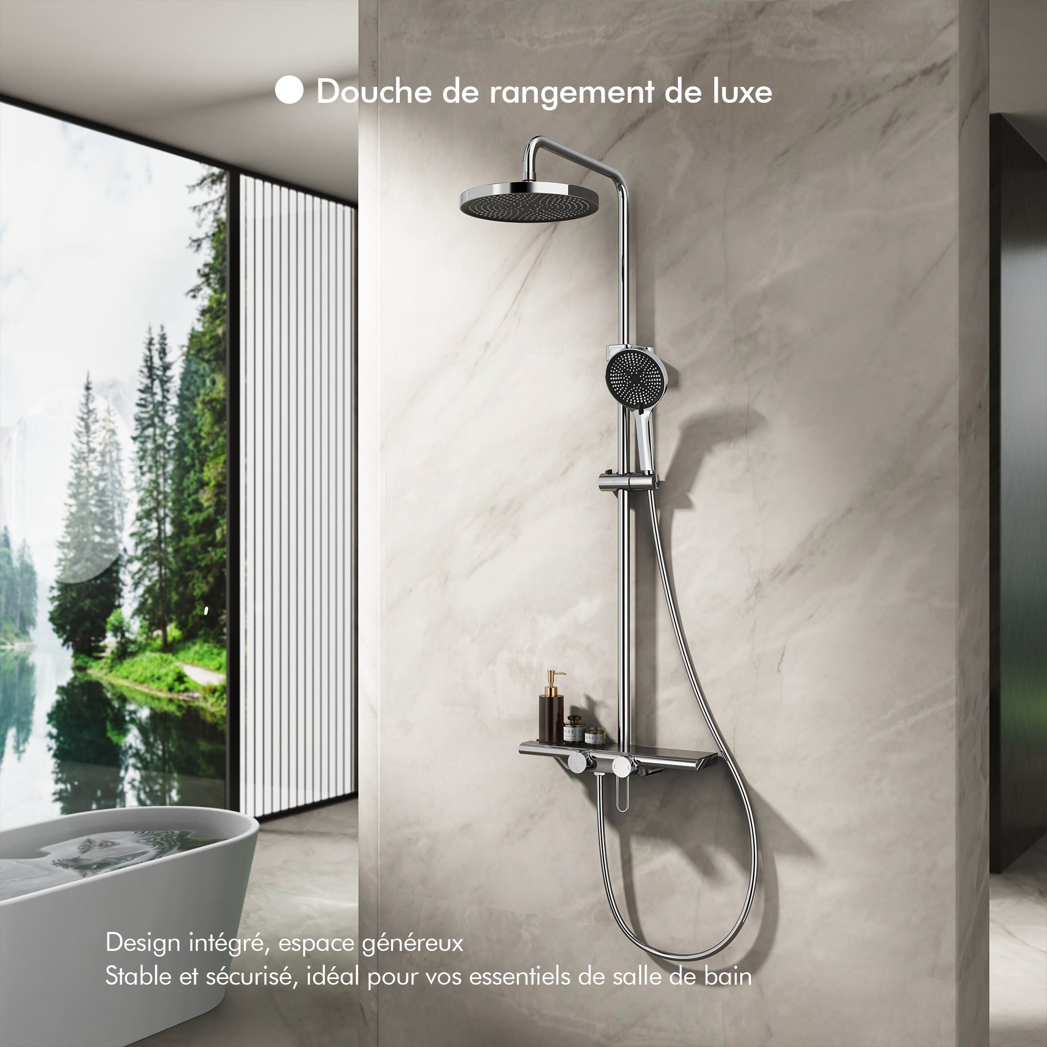 Columna de Ducha Cromada con Estante de 40 cm, Ducha de Mano con 5 Modos, Efecto Cascada y Almacenaje Práctico - 9