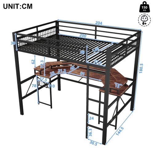 Lit Mezzanine 2 Place avec LED et USBTypeC, Lit Superposé Enfant 140x200 avec bureau et paroi perforée, Structure en fer Noir(Sans Matelas) - 7