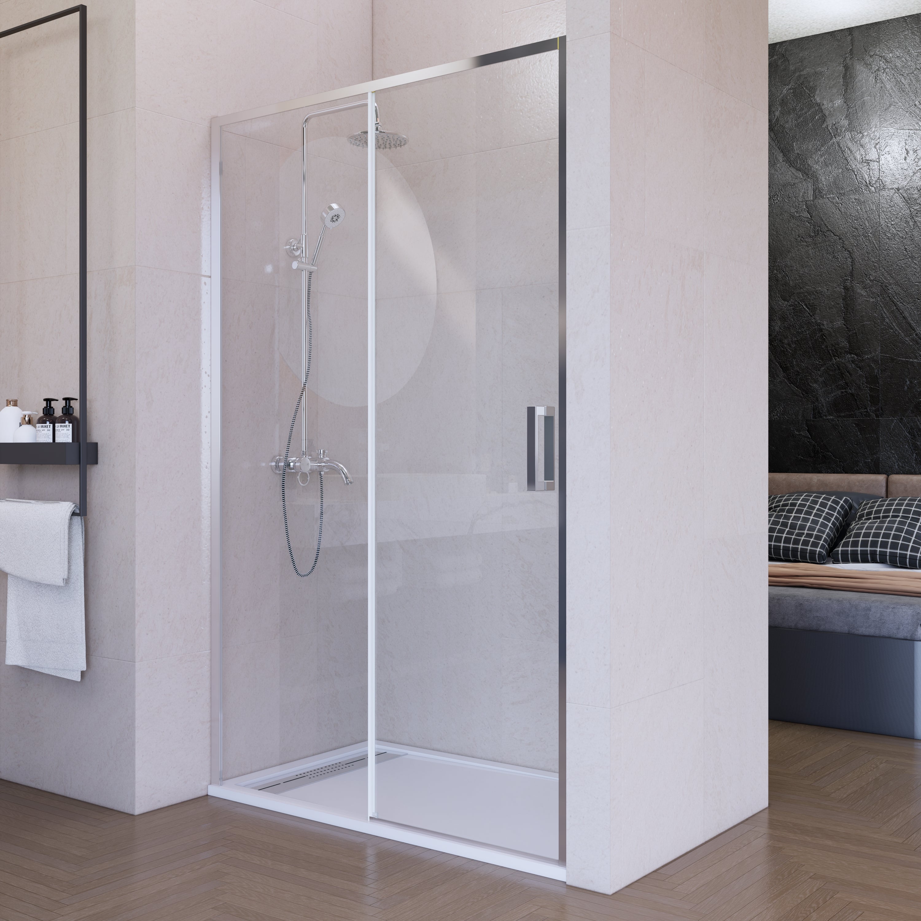 Mampara de ducha frontal corredera 100 cm 1 puerta + 1 fijo Plata cromo Cristal transparente 6 mm 195 cm altura - 2