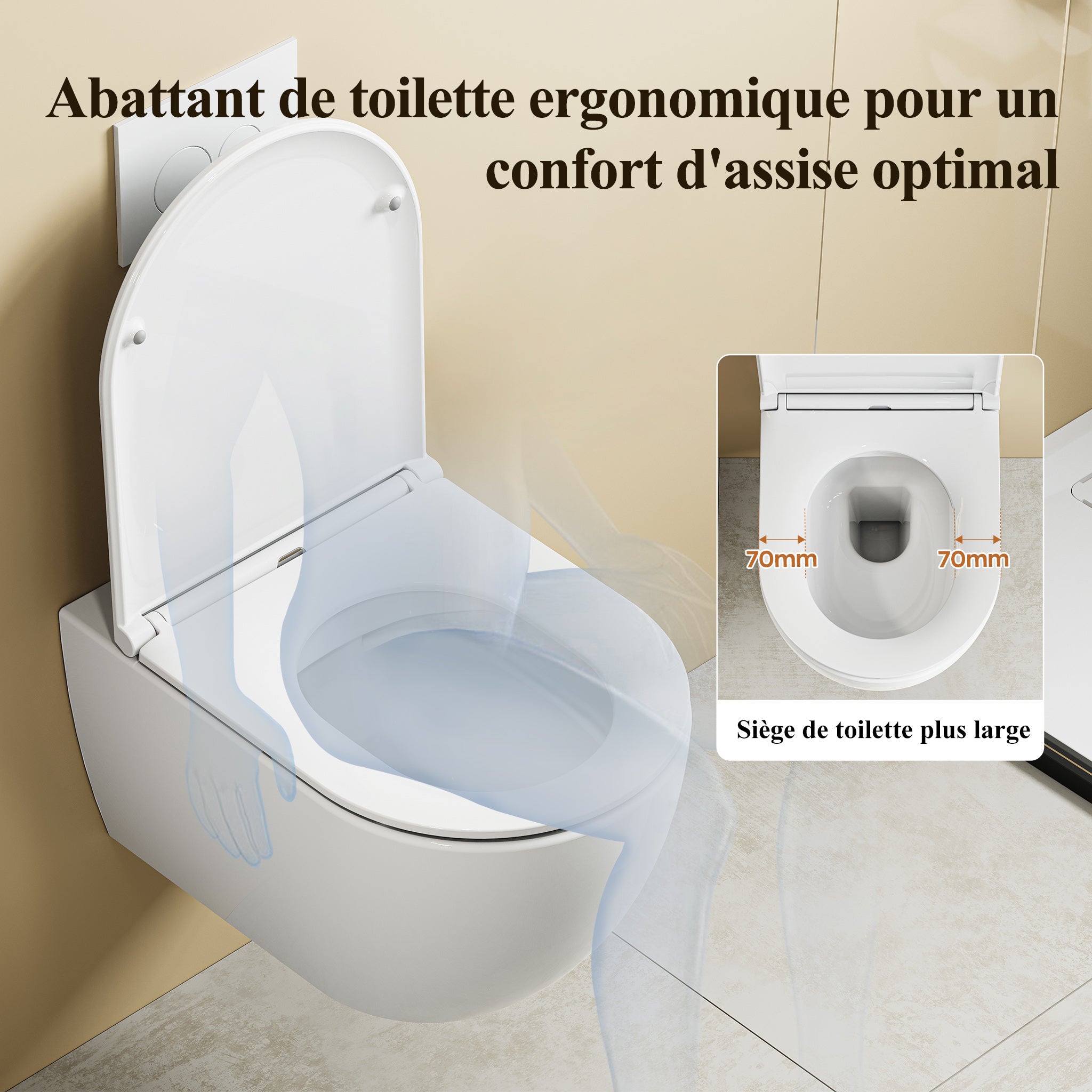 HOROW WC Suspendu sans bride Céramique, toilettes suspendues avec abattant, Conception de chasse d'eau à double orifice à 360° - 525 x 358 x 360 mm - 4