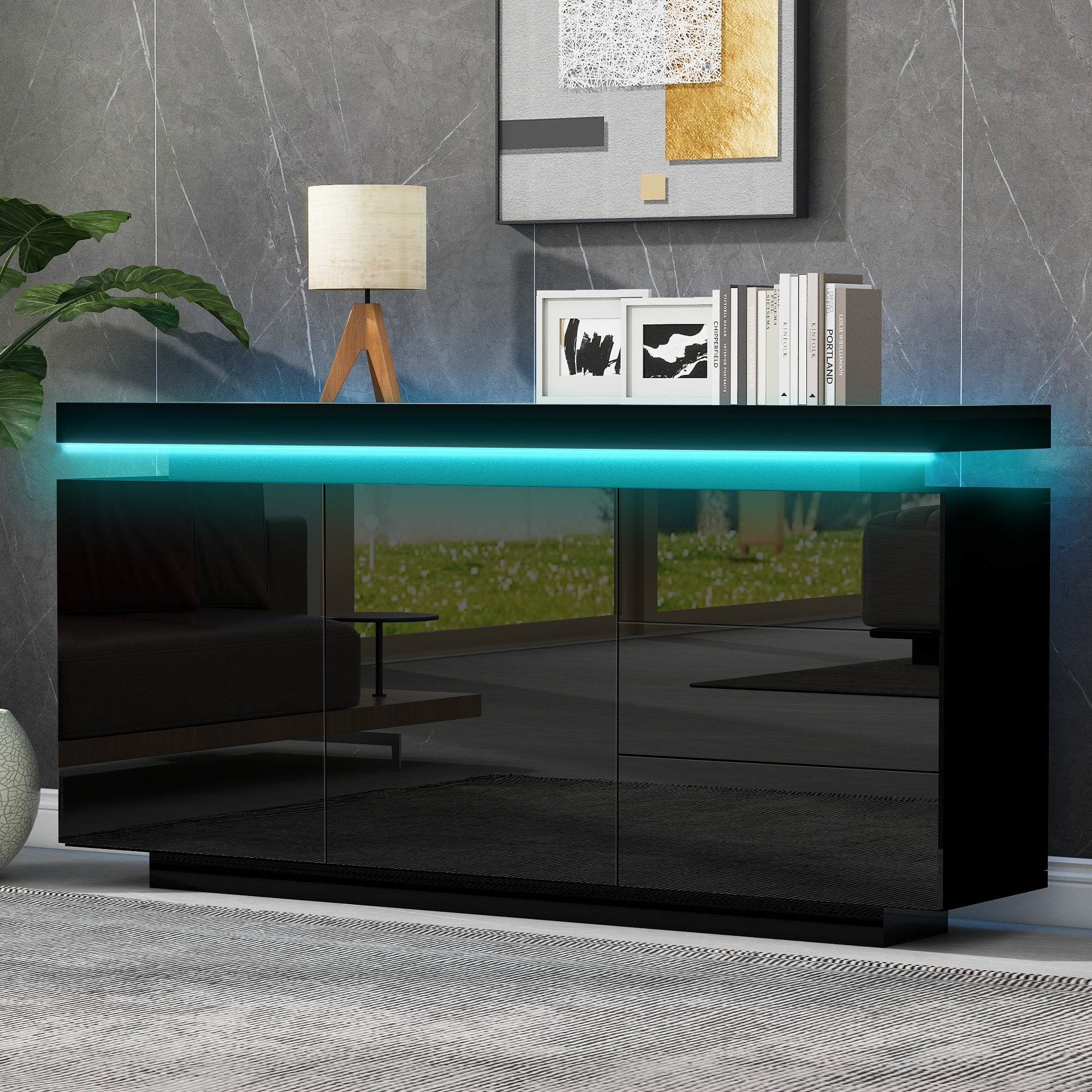 Nowoczesna niska komoda z 2 drzwiami i 3 szufladami - 140 x 35 x 72,5 cm - LED - do salonu - Czarny połysk