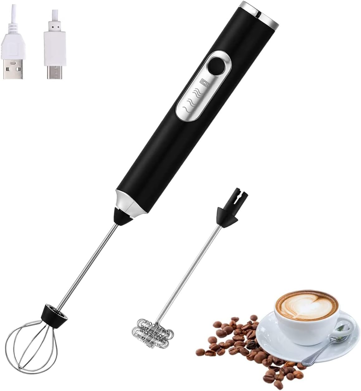 Szt Przenośny elektryczny spieniacz do mleka czarny z końcówkami mieszadło do piany z prędkościami ładowania USB mieszadło do piany do latte