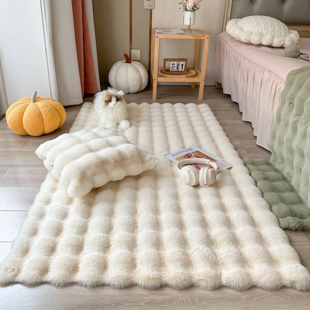 Tapis Shaggy Blanc Lavable 120x40 cm,Tapis Imitation Laine à Poils Courts,Tapis décoratif rectangulaire Doux,adapté au Salon,à la Chambre à Coucher