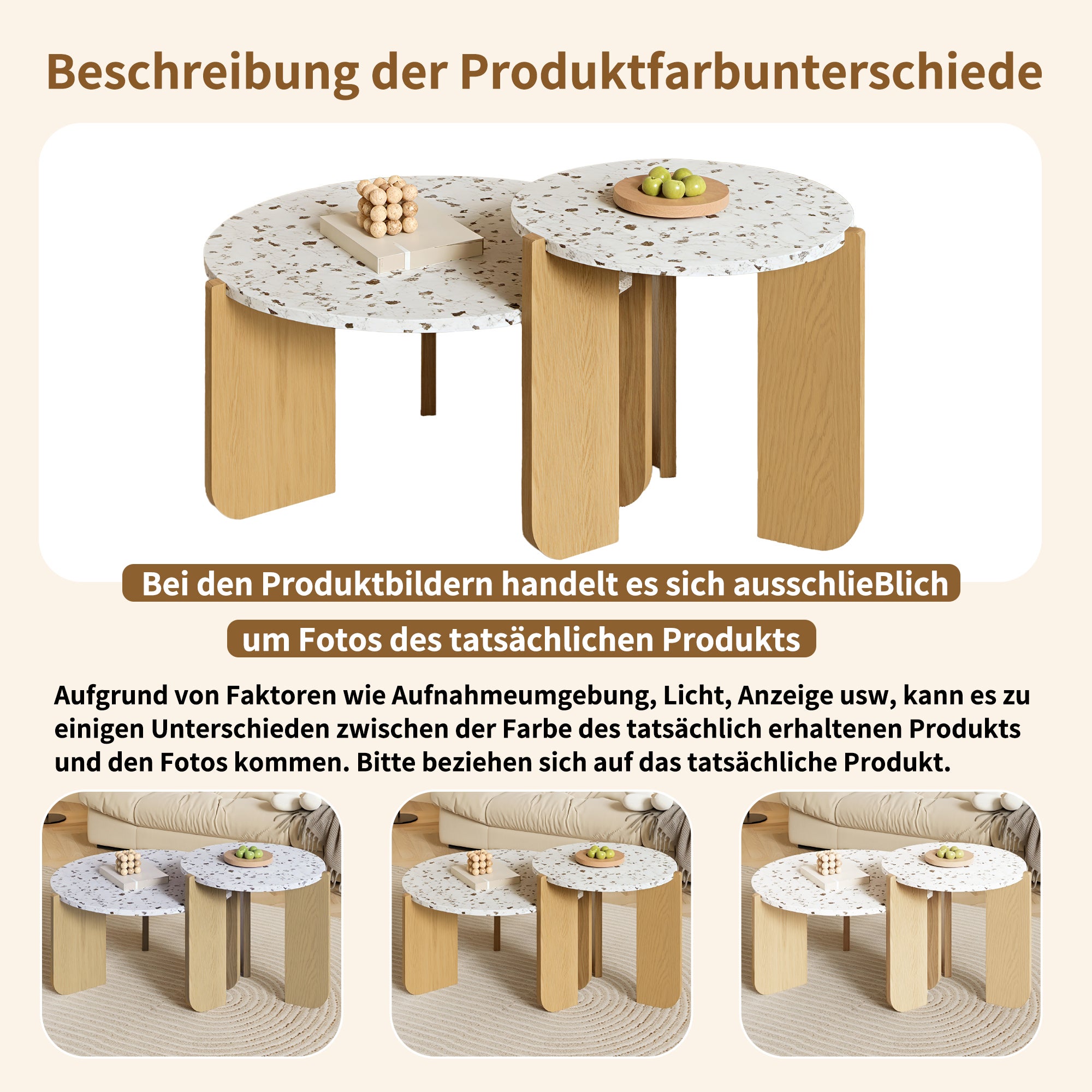 Tables Basses Gigogne Ronde lot de 2, Design Scandinave - Plateau Terrazzo & Pieds en Bois,Table d'appoint pour Petits Espaces,MDF+Naturelle - 3