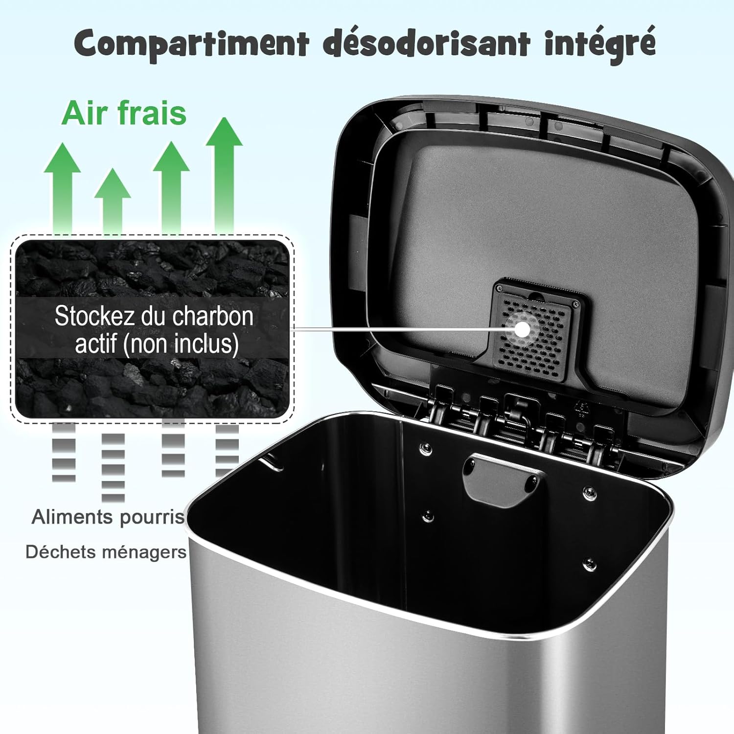 Bidone per Pattumiera da 50 L, Pattumiera da Cucina con Pedale, Coperchio e Scomparto Deodorante, Ideale per Casa Ufficio (50L, Argento) - 7