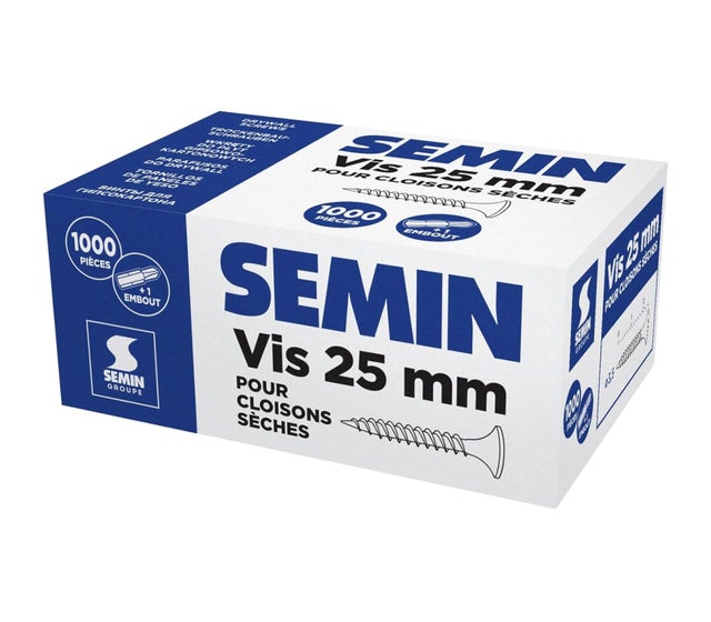 Vis auto perceuse Semin pour la fixation des plaques de plâtre sur l'ossature - intérieur - 25 mm x 3.5 mm - boîte de 1000 pièces