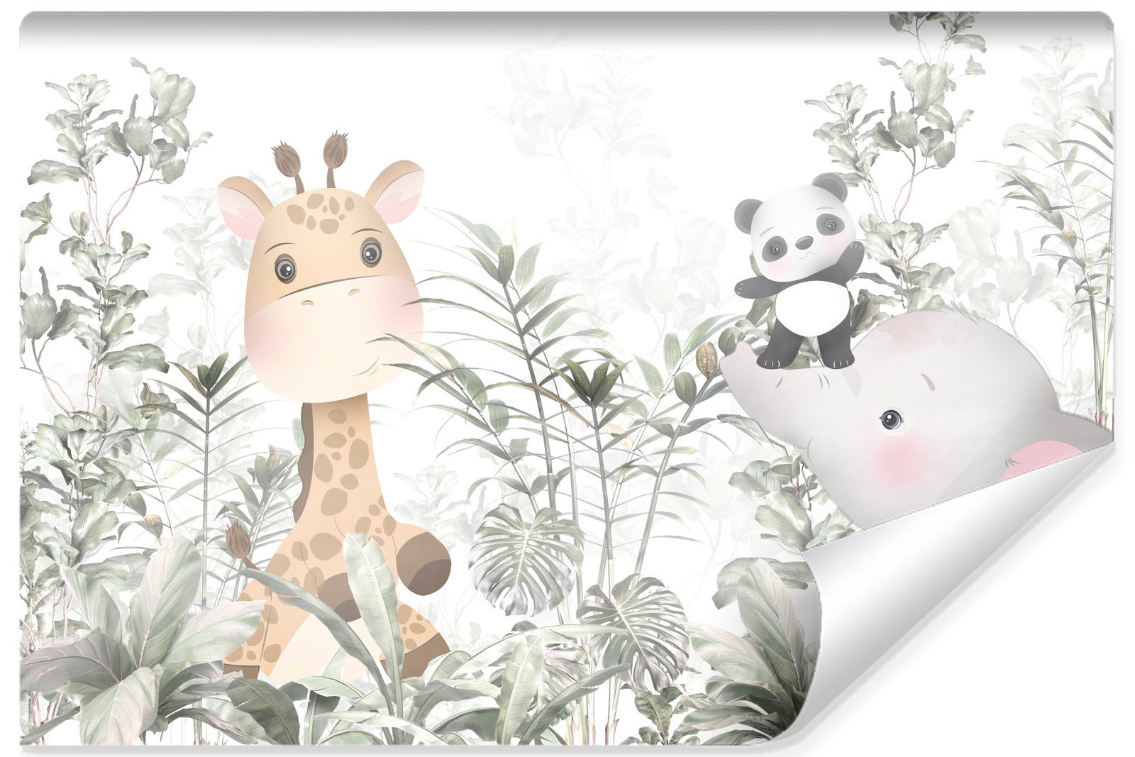 Papel pintado no tejido con foto para habitación infantil girafe panda elefante hojas 300cm x 210cm