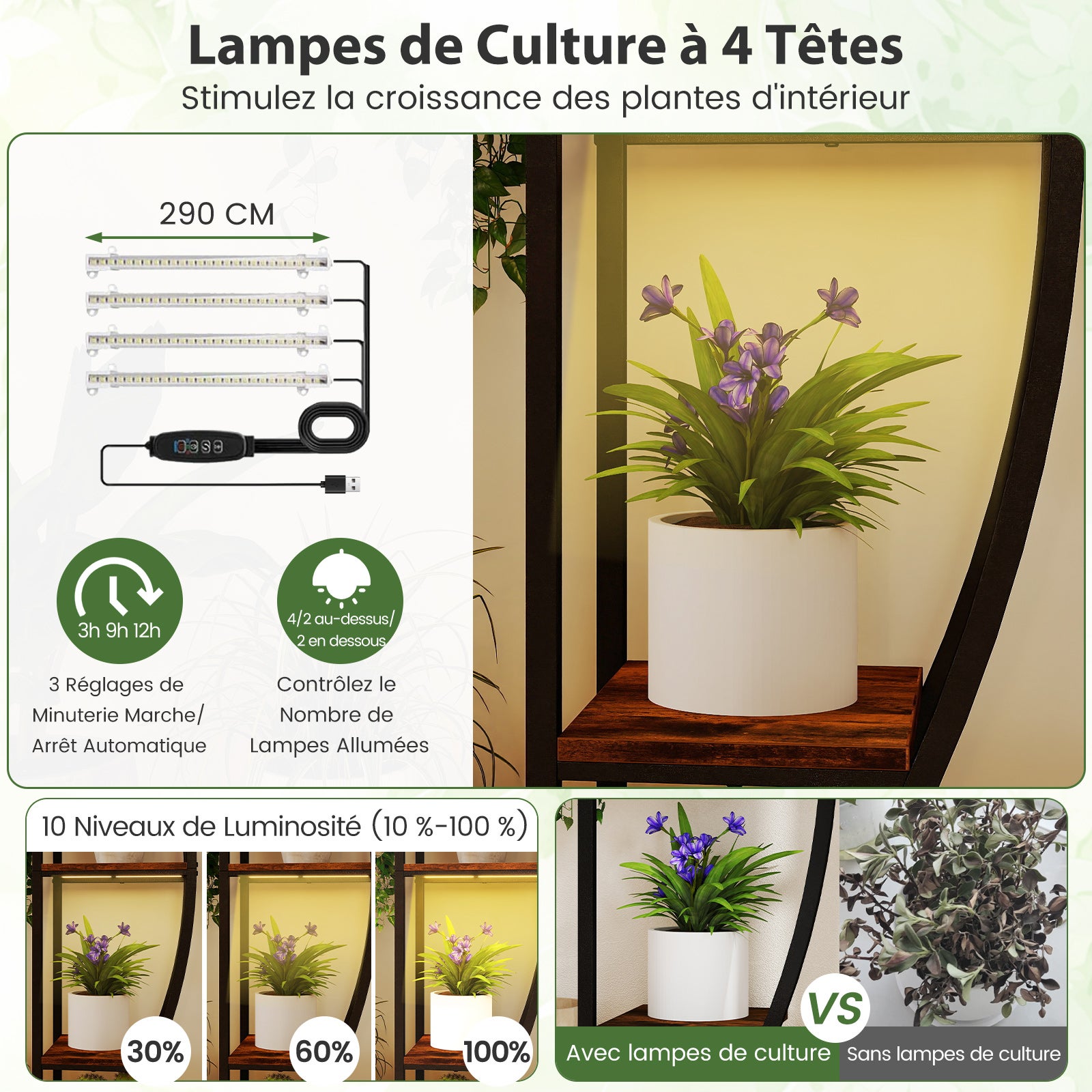Support de Plante Métallique d'Angle à 10 Étagères Ouvertes, Étagère à Fleur avec Lumière de Croissance, Support Pot de Fleur pour Balcon Salon,Marron - 7