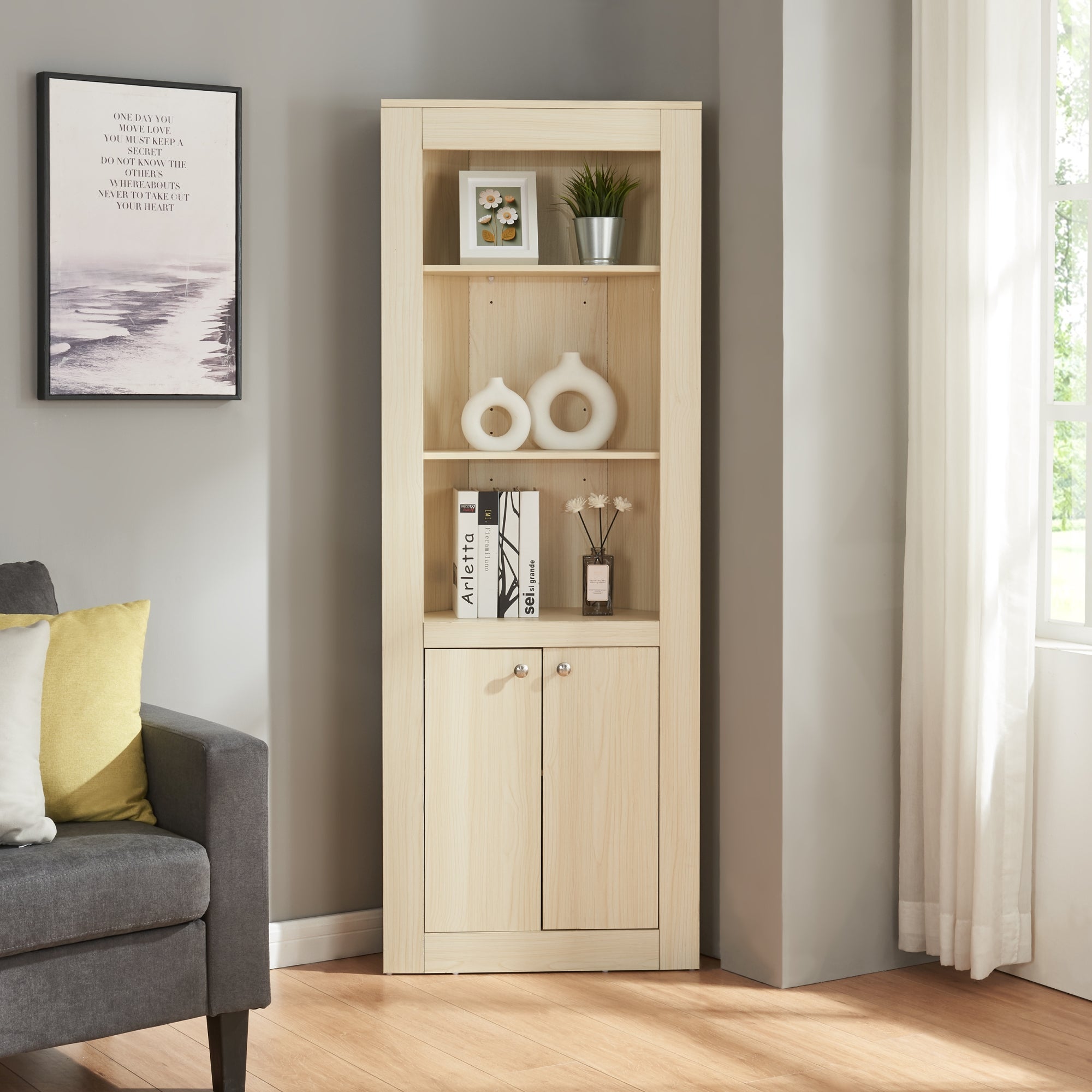 Buffet Salon 2 Portes Coulissantes - Armoire Rangement Chêne 90x115cm - En.casa