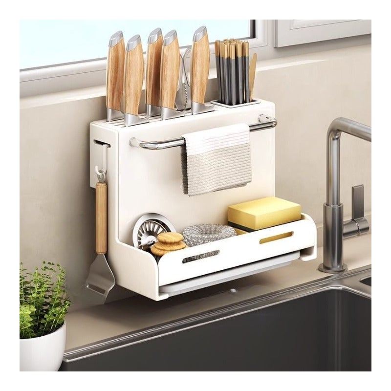Biały uchwyt ścienny na noże i pałeczki, wbudowany schowek, nie wymaga wiercenia w kuchni, 28*15*21 cm (1 szklanka)