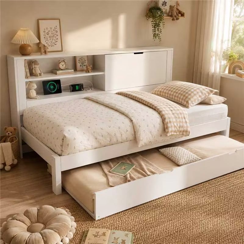 Łóżko wysuwane 90 x 200 cm + 90 x 190 cm z 1 drzwiami i 2 półkami - MDF + sklejka + PB - porty USB/Typ-C - białe (materac nie jest dołączony)
