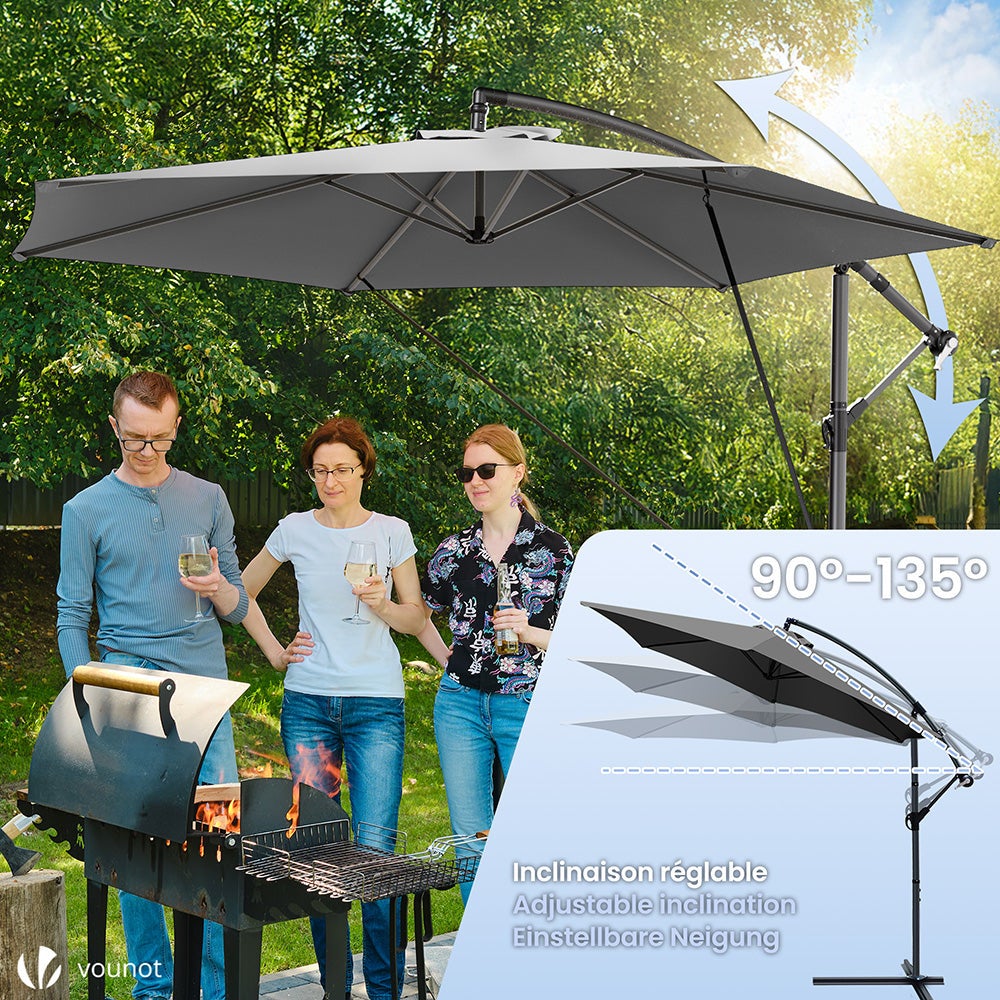 Parasol déporté inclinable 3M avec sangle de fixation et housse de protection Gris - Inclinaison réglable - Rotatif 360° - VOUNOT® - 3