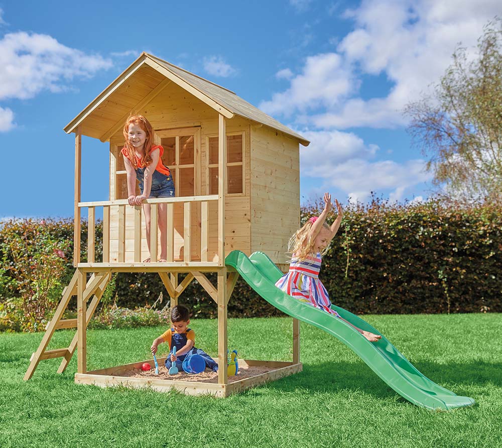 Maisonnette cabane sur pilotis en bois FSC® avec toboggan vert pomme COLLINE - 8
