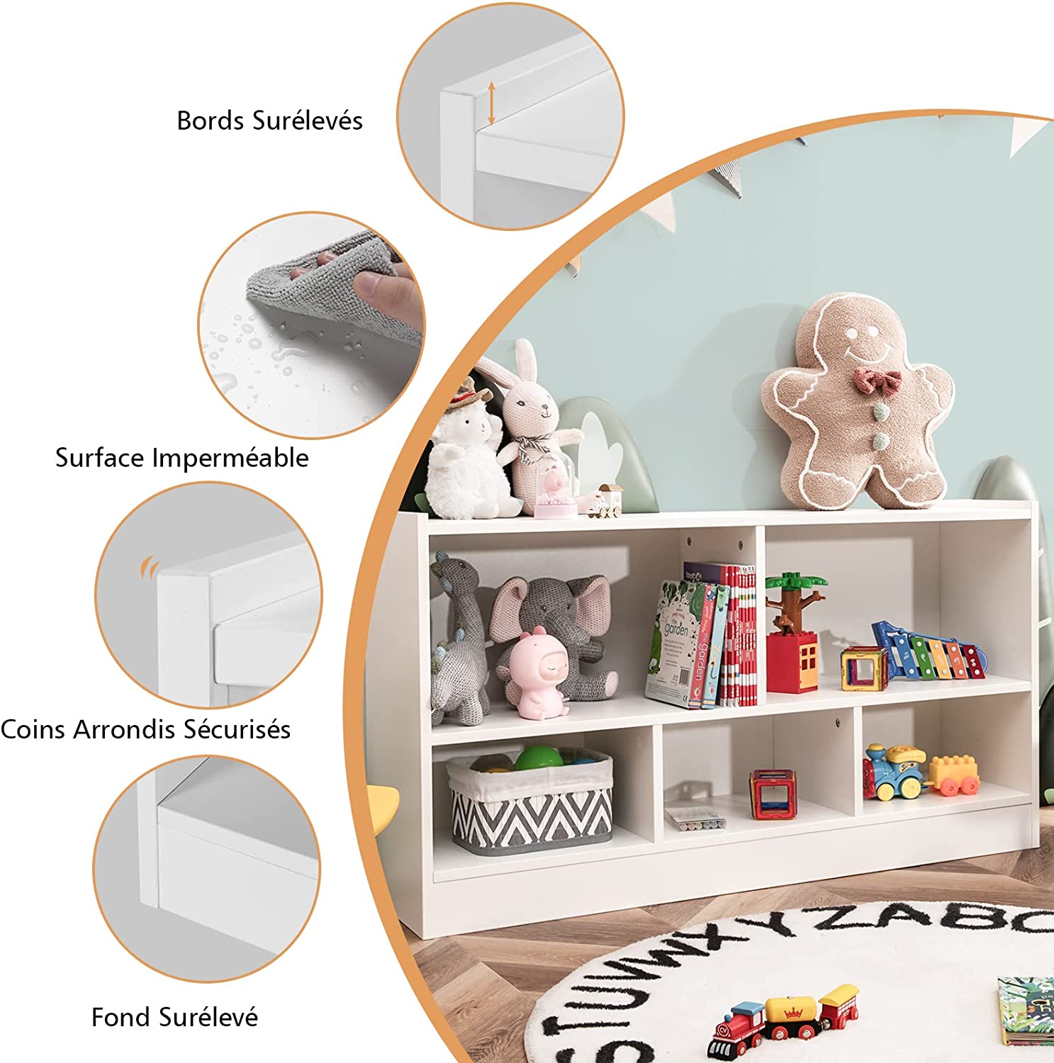 Bibliothèque avec 5 Compartiments, Meuble de Rangement pour Jouets & Livres avec Patins Antidérapants, pour Salon, Chambre, 111x30x61,5cm, Blanc - 4