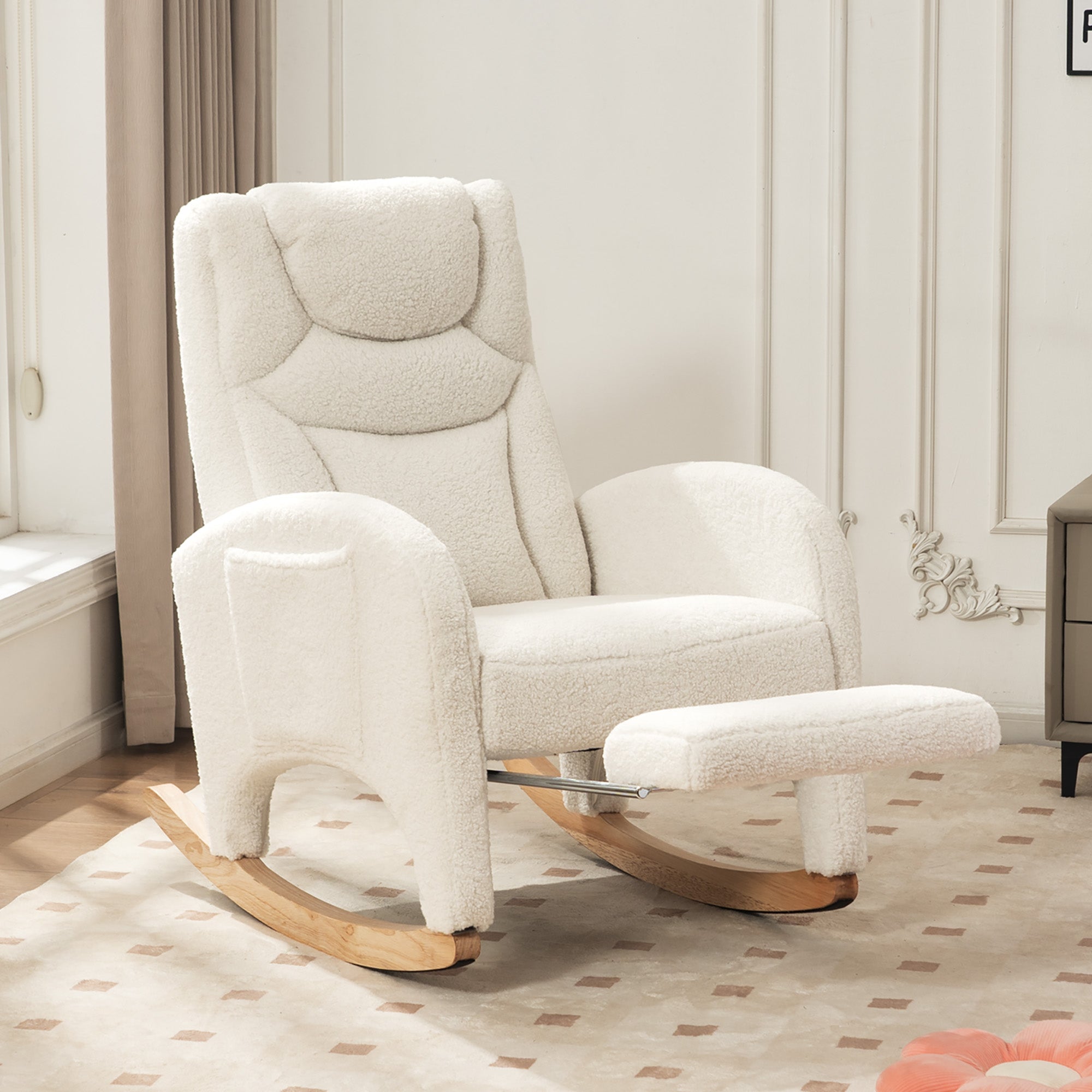 Cadeira de balanço poltrona amamentação 99x96x66 cm, apoio pés dobrável, pés madeira, tecido Teddy Branco - 3
