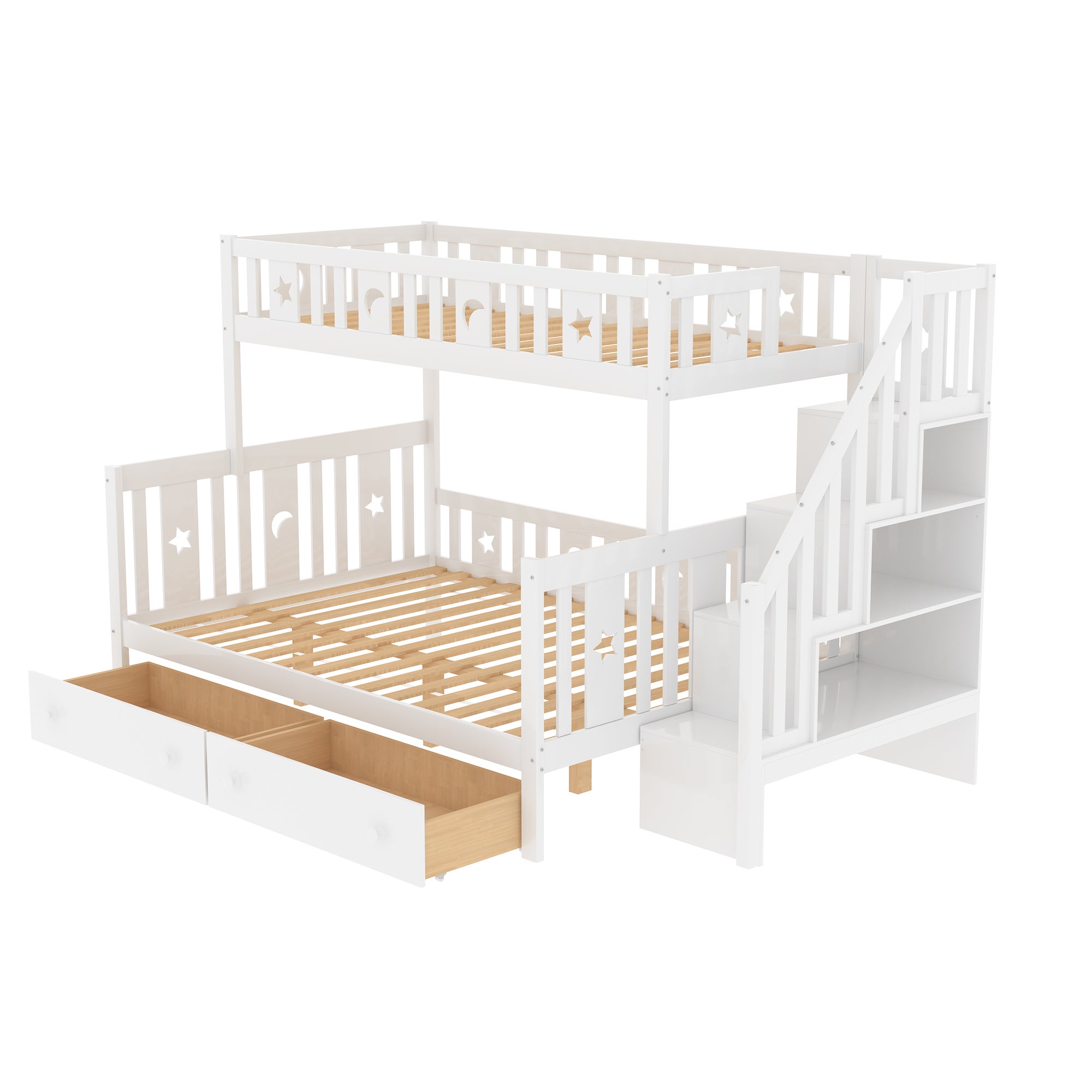 Lit superposé 90/140x200 cm en bois massif - avec escalier de rangement et 2 tiroirs - Blanc - 4