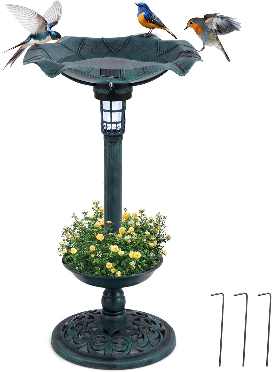 Karmnik dla Ptaków na Zewnątrz z Oświetleniem Słonecznym, Poidło dla Ptaków o Wysokości 76 cm i Karmnik z Miską z Blachy