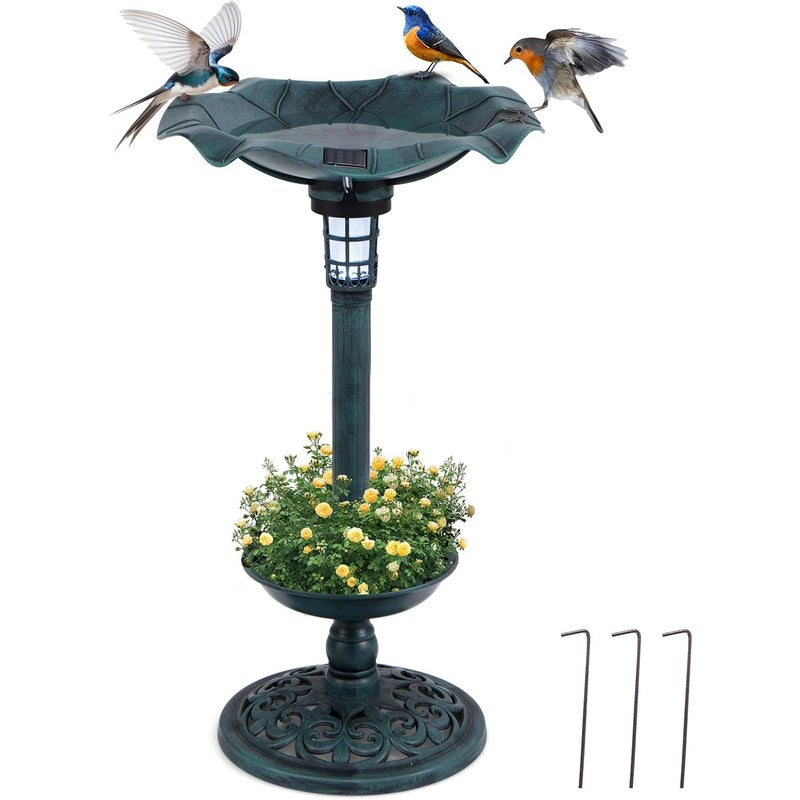 Karmnik dla Ptaków na Zewnątrz z Oświetleniem Słonecznym, Poidło dla Ptaków o Wysokości 76 cm i Karmnik z Miską z Blachy