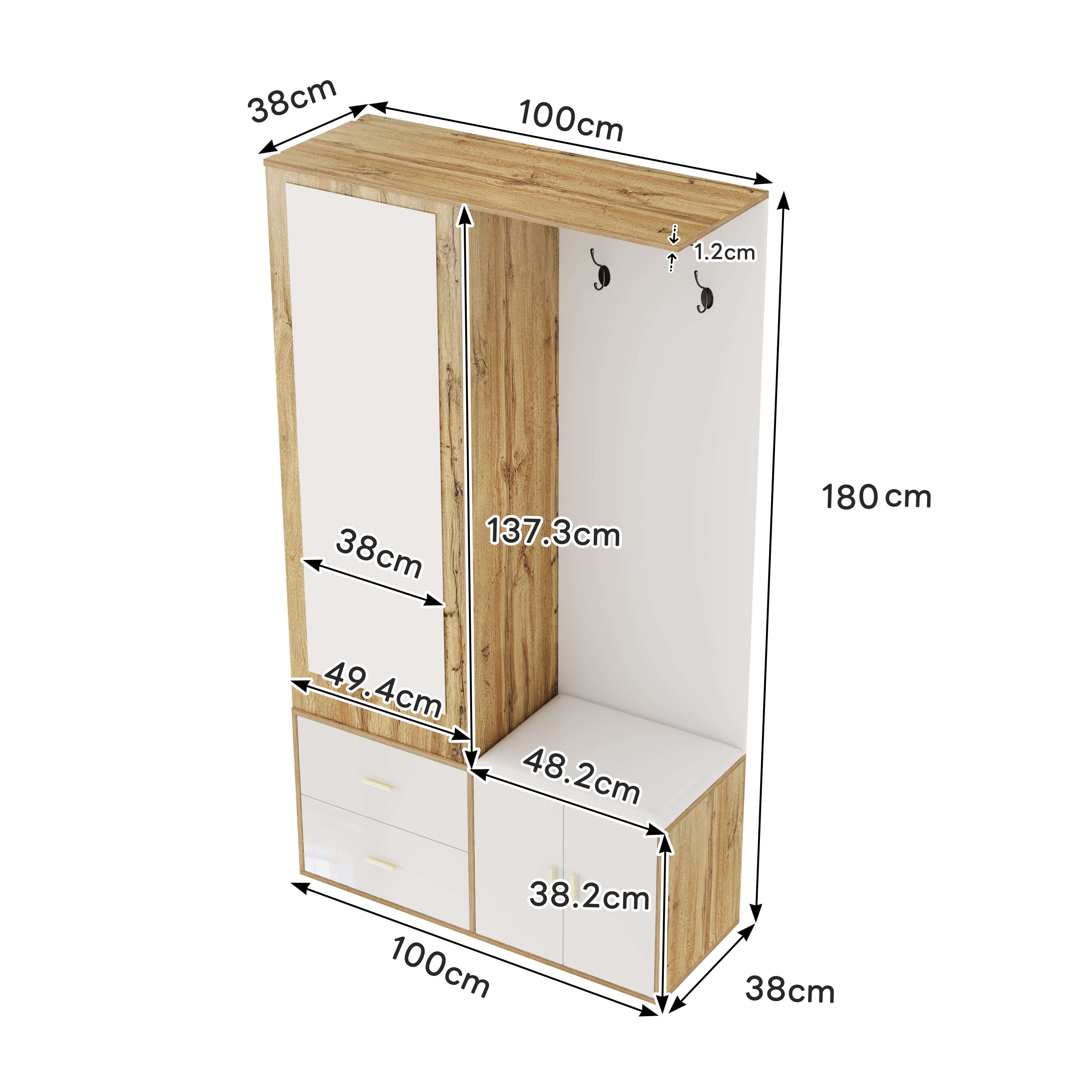 Armoir 100x38x108.1cm - Avec miroir - Avec meuble à chaussures - Avec crochets et cintres rétractables - Blanc + Naturel - 3