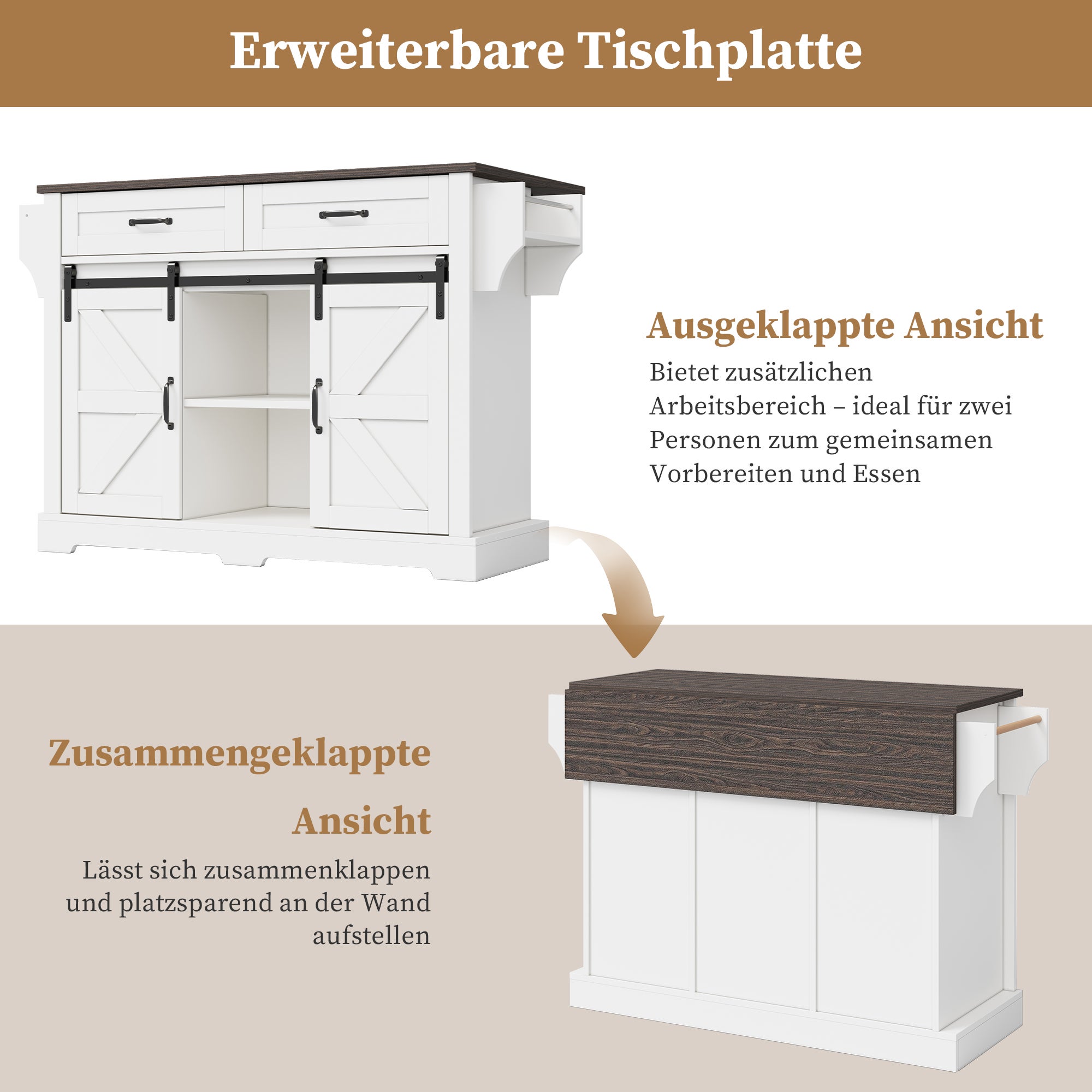 Mobilna i rozkładana wyspa kuchenna z 2 drzwiami przesuwnymi i 2 szufladami - 120 x 45/70 x 91 cm - MDF - Biała - 2