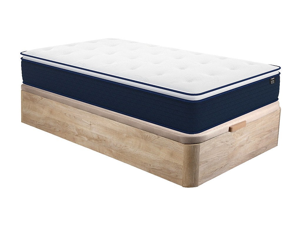 Zestaw 90 x 190 cm stelaż ze skrzynią naturalny jasny + materac o grub. 24 cm ze sprężynami kieszeniowymi i zintegrowaną nakładką - ALTIER marki YSMÉE