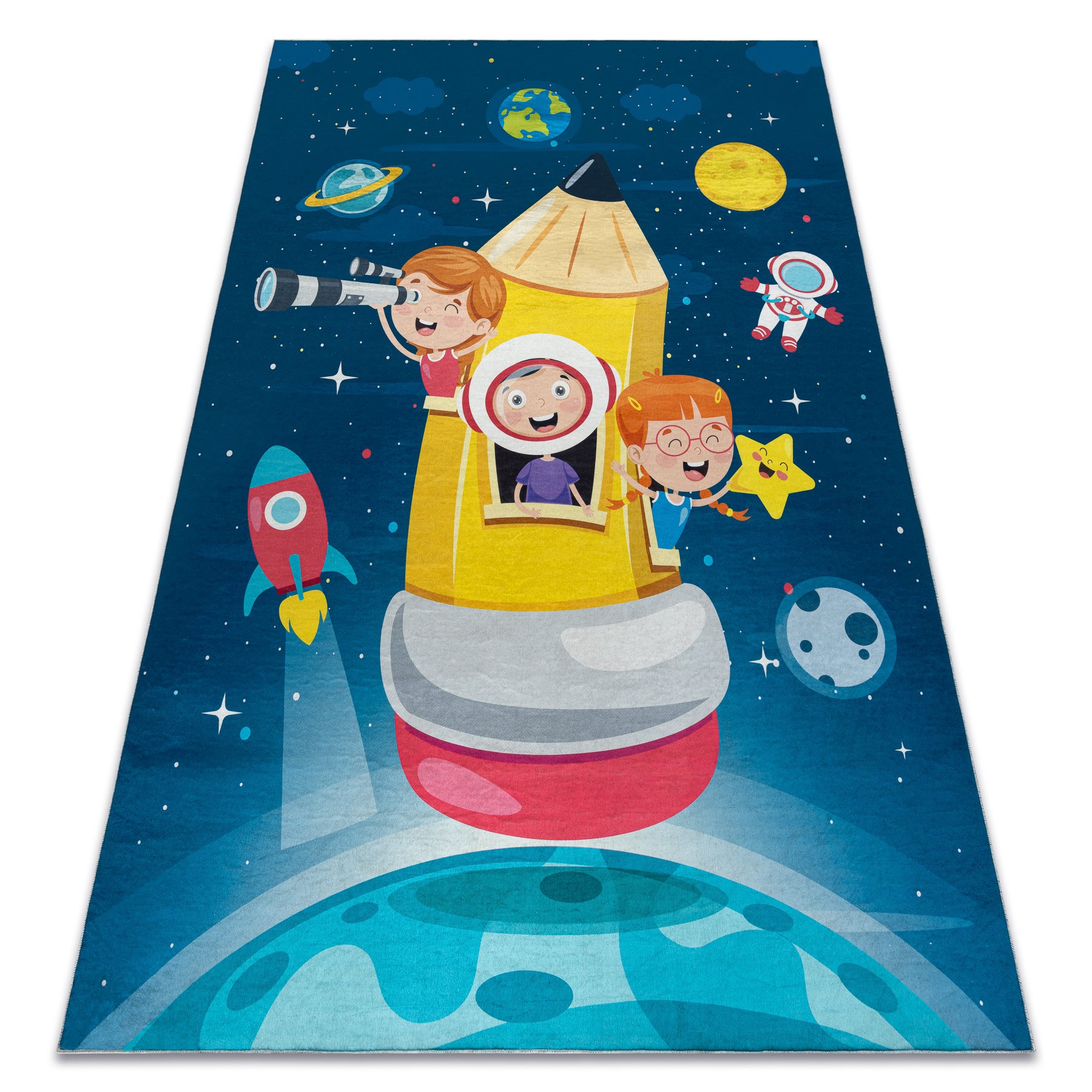 Dywan do prania BAMBINO 42810 Rakieta, planety dla dzieci, antypoślizgowy - niebieski / brązowy 140x200 cm