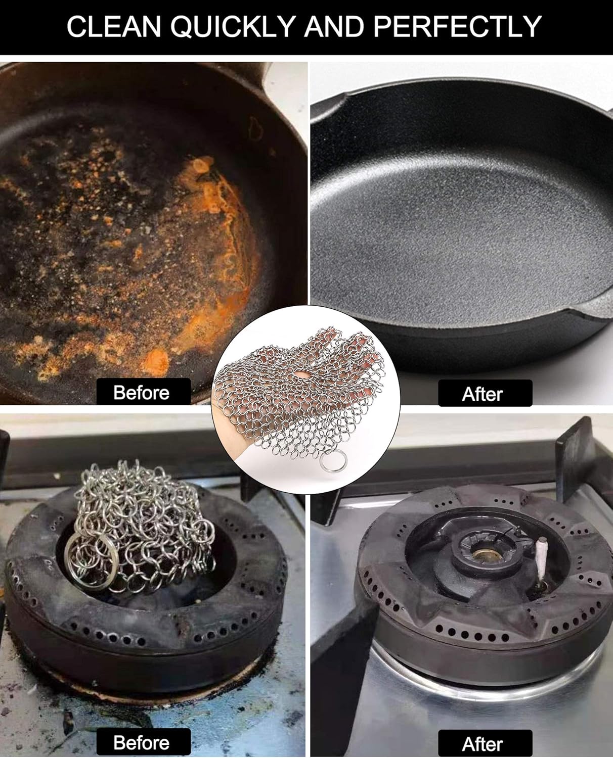 Lot de 2 éponges à récurer en cotte de mailles en acier inoxydable de qualité supérieure pour poêles en fonte, 7 et 5 pouces, rondes - 5