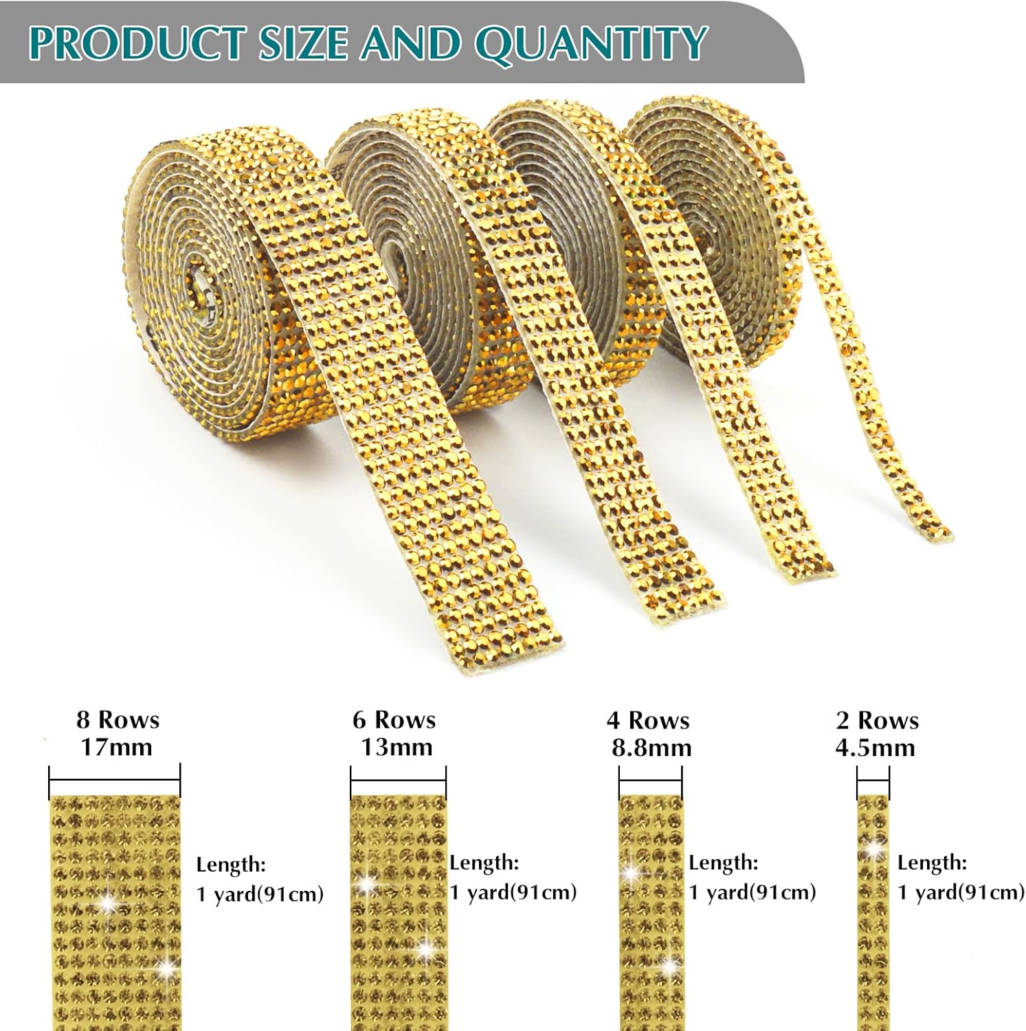 Nastro Adesivo Con Strass Cristallo – 4 Rotoli 1m Cadauno (Largh. 10,15,20,30 Mm) – Argento, Per Decorazioni Fai Da Te
