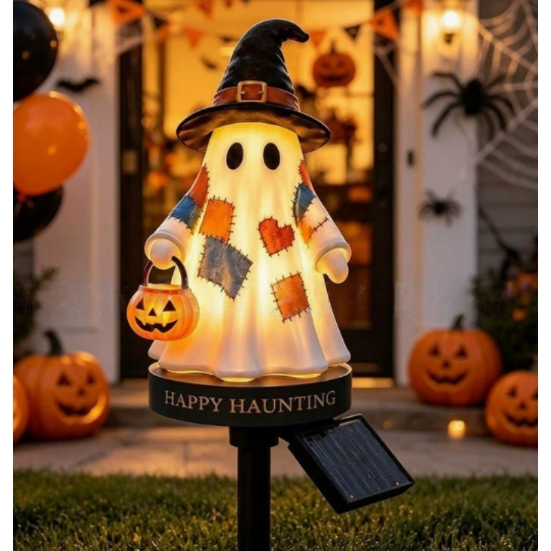 Fantomă de Halloween cu lumină solară ascuțită, pălărie de vrăjitor cu patchwork, lumină LED de grădină, decorațiune de dovleac 17 cm