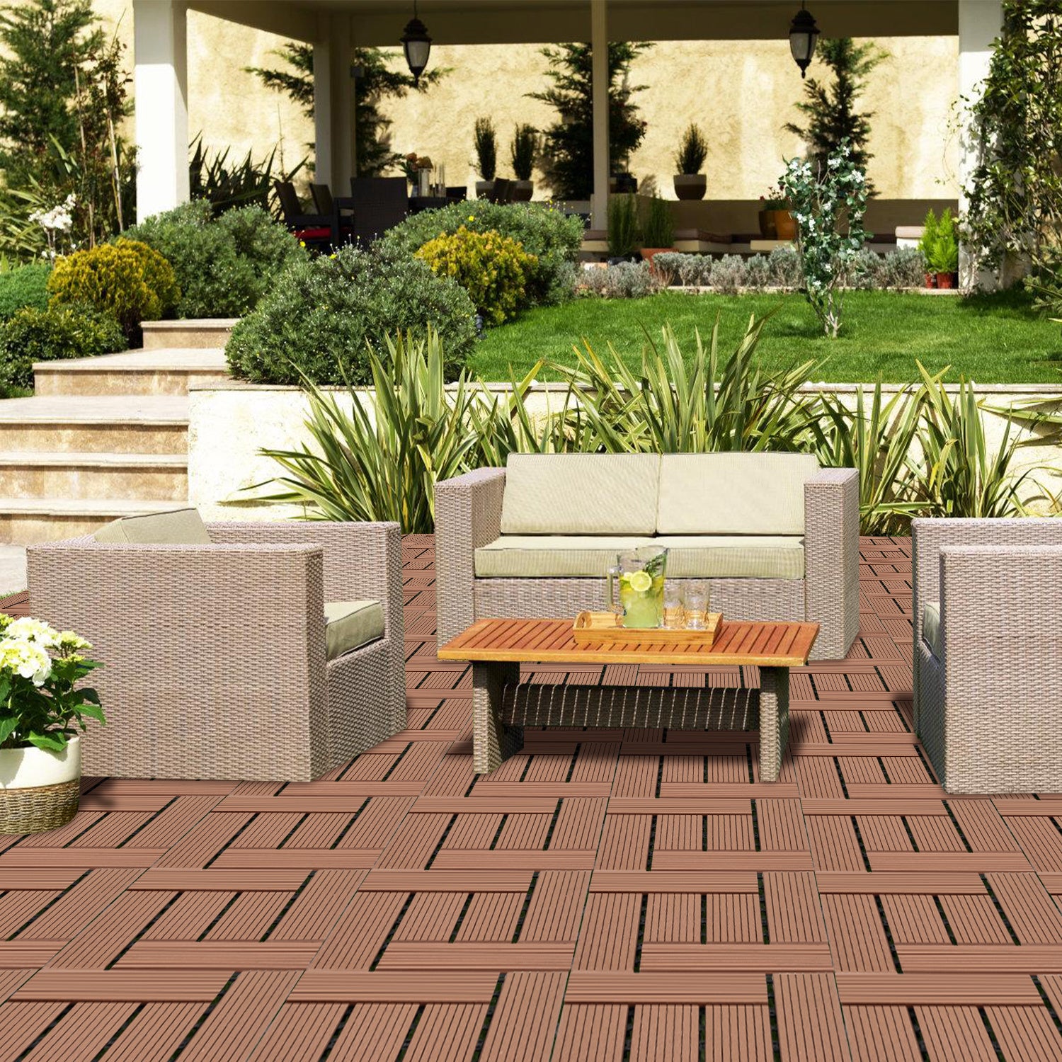 66x Dalles de terrasse en WPC pour balcon et jardin installation sans outil structure adaptée aux grandes aces Marron 30x30CM - 8