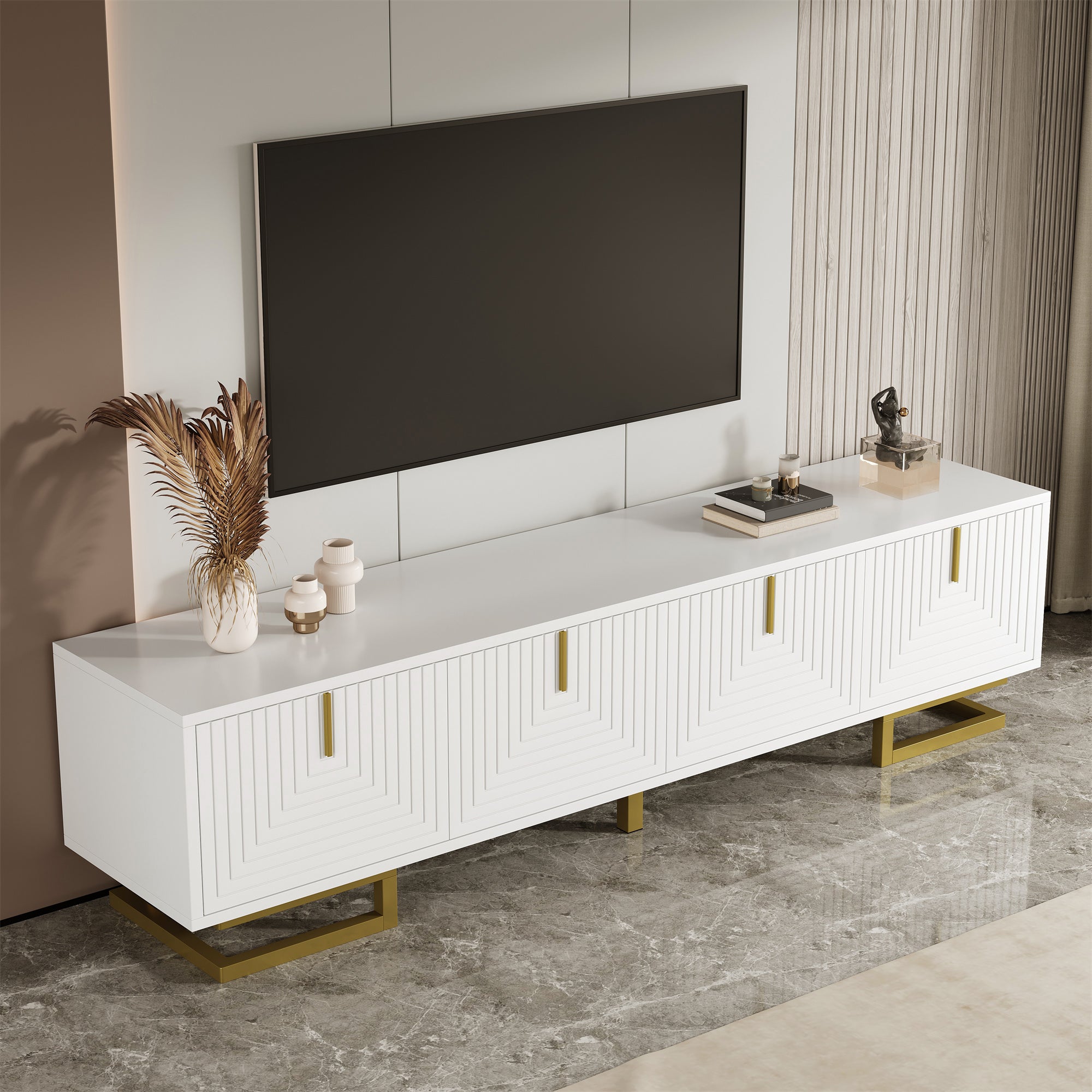 Szafa pod TV 160x38x44,5 cm - 4 drzwi - Złote uchwyty i nogi - Płyta wiórowa - Biały